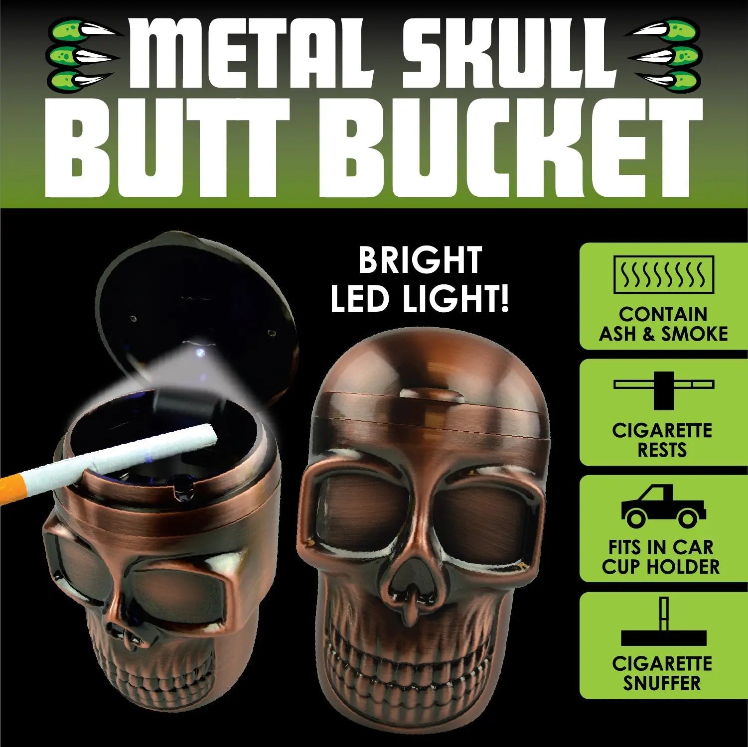 Metal Skull Butt Bucket Ashtray with LED Light - 6 Pieces Per Retail Ready Display 23531 SMOKEZILLA