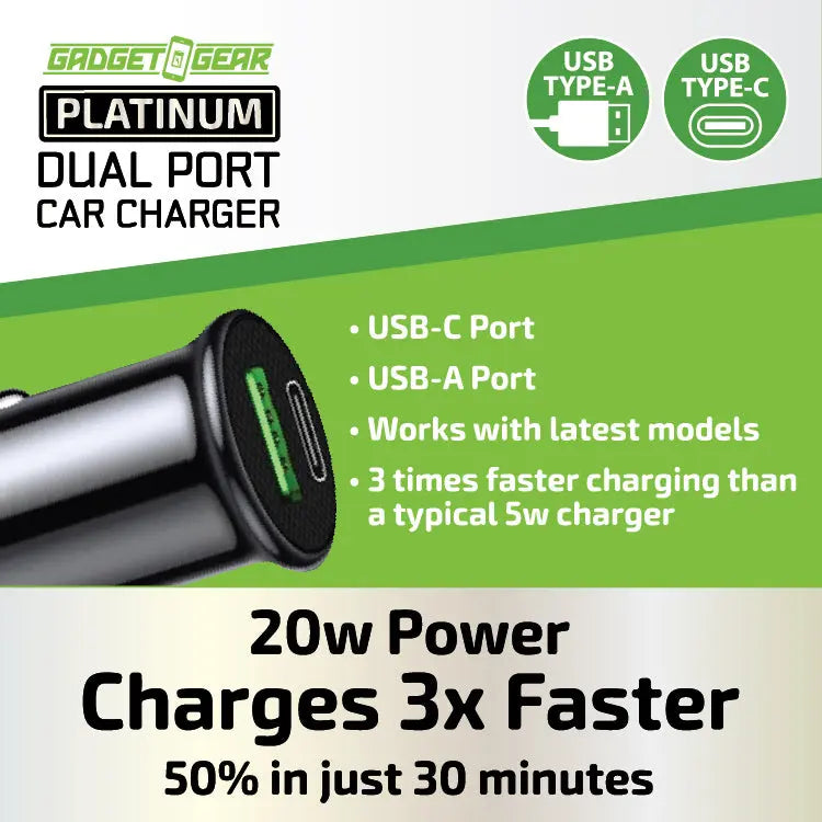 Car Charger Dual Port USB / USB-C 20 Watts - 6 Pieces Per Retail Ready Display 23760 GADGET GEAR