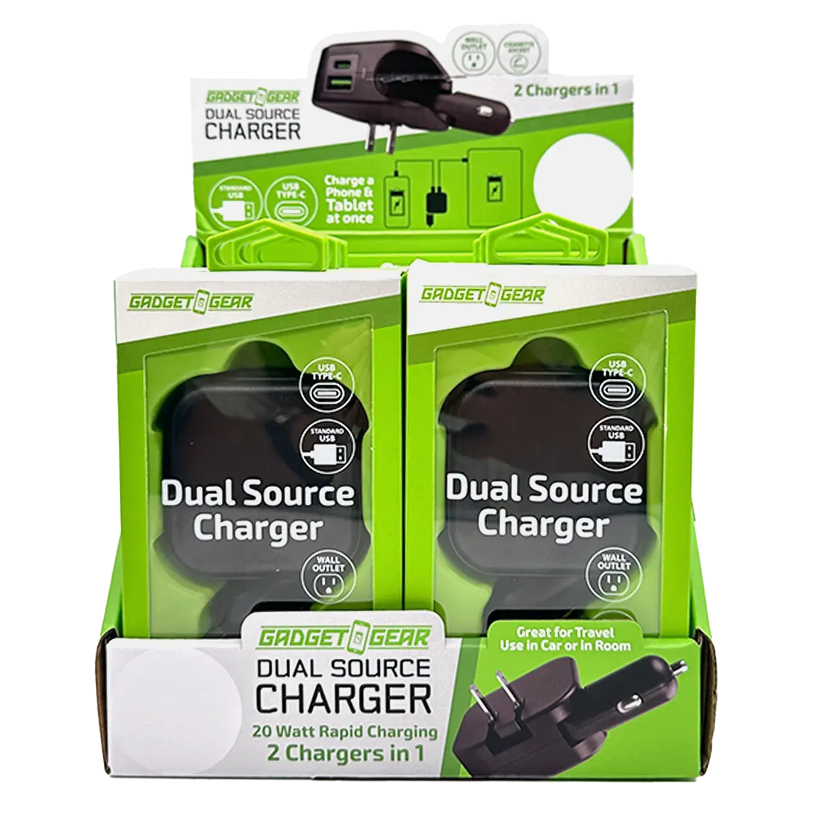 Car Charger and Wall Charger Combo Dual Port USB / USB-C 3.1 Amp - 6 Pieces Per Retail Ready Display 23764 GADGET GEAR