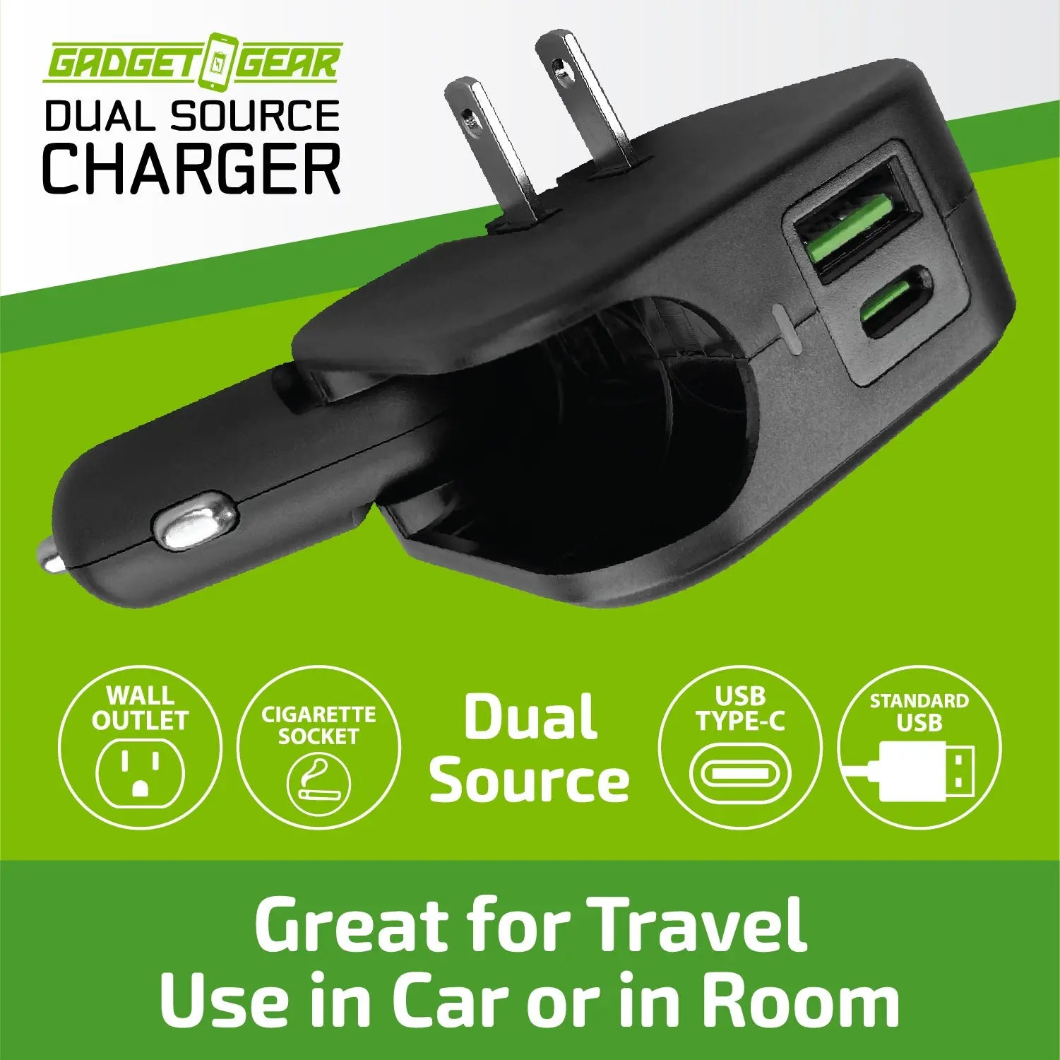Car Charger and Wall Charger Combo Dual Port USB / USB-C 3.1 Amp - 6 Pieces Per Retail Ready Display 23764 GADGET GEAR