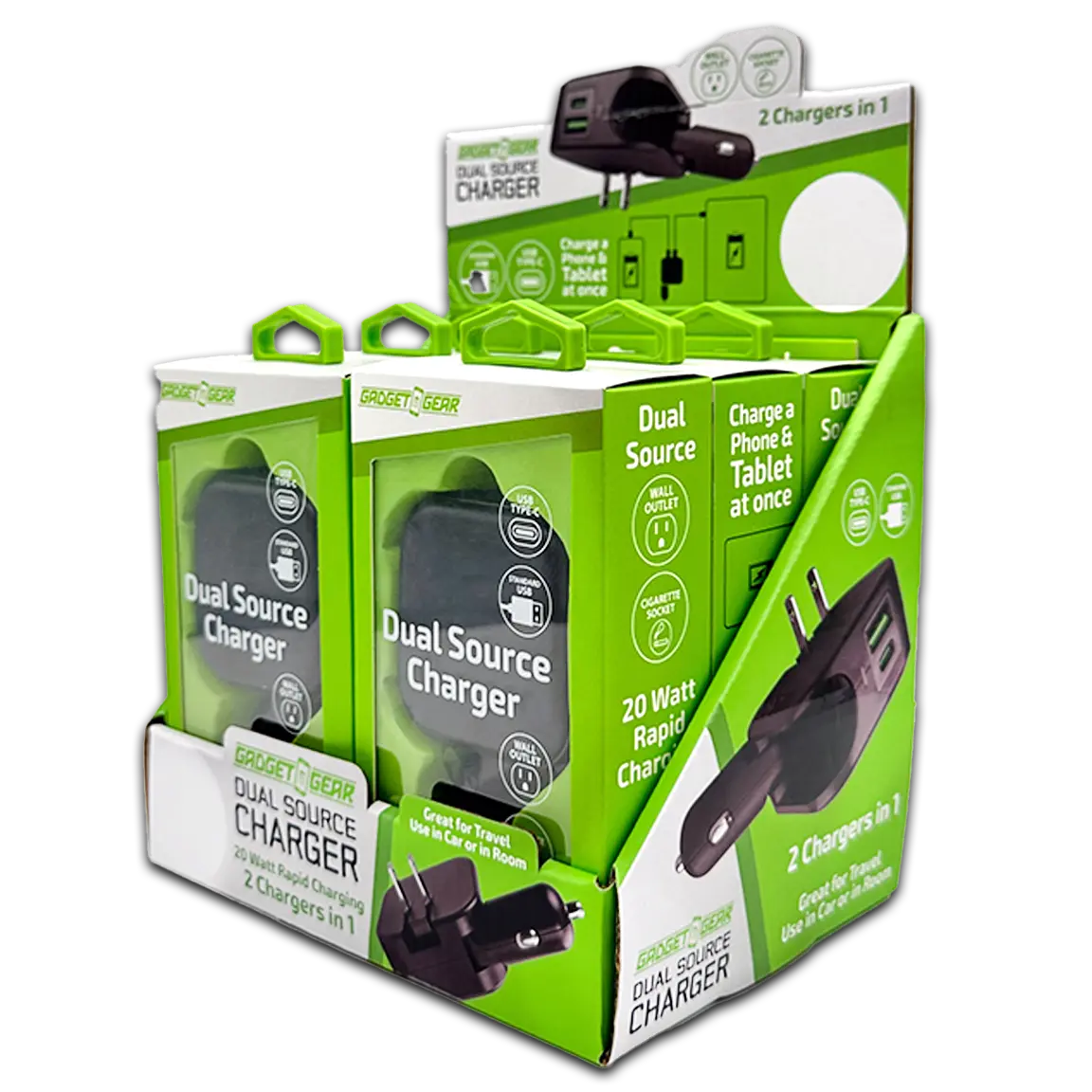 Car Charger and Wall Charger Combo Dual Port USB / USB-C 3.1 Amp - 6 Pieces Per Retail Ready Display 23764 GADGET GEAR