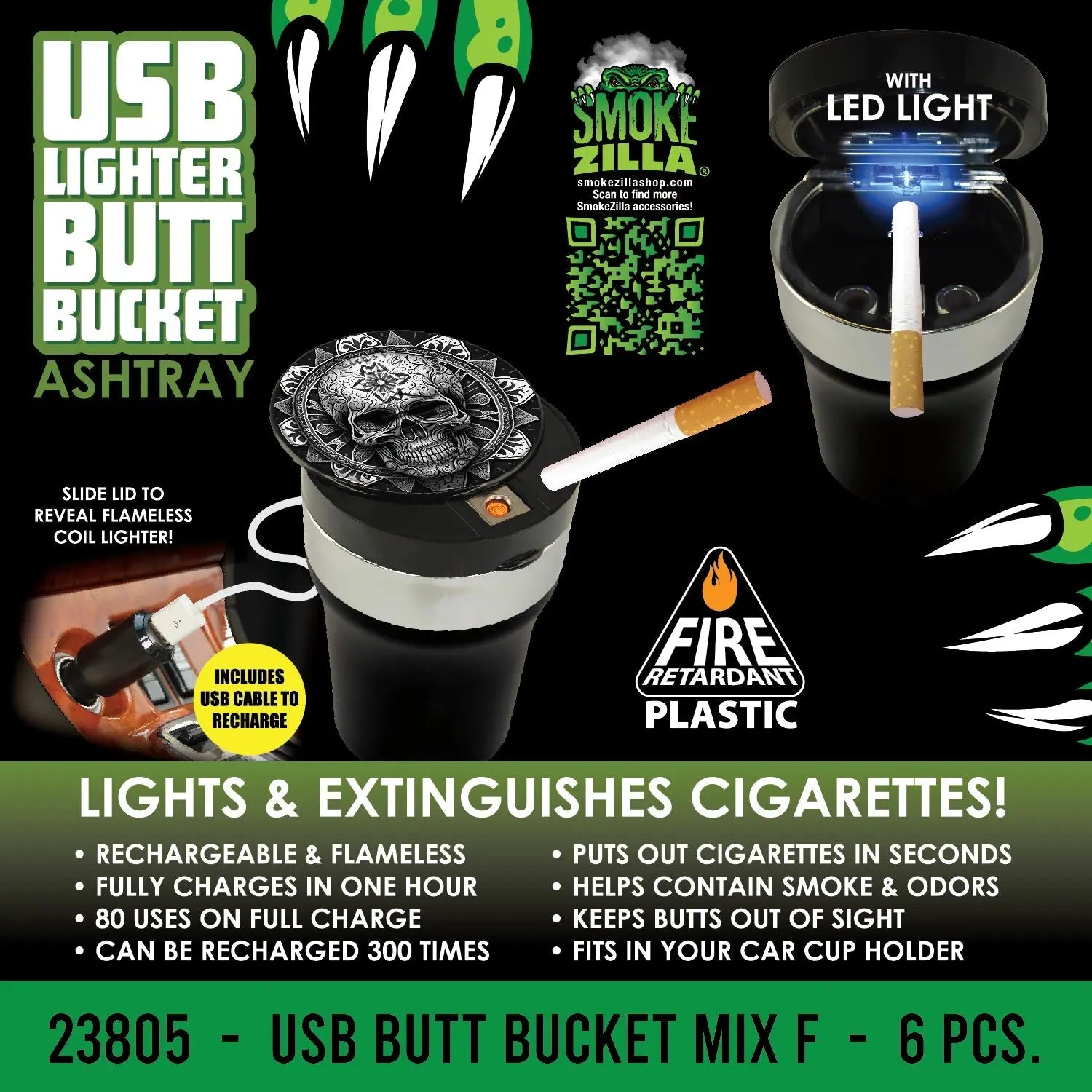 Printed Lid Butt Bucket Ashtray With Usb Coil Lighter & LED Light - 6 Per Retail Ready Wholesale Display 23805 SMOKEZILLA