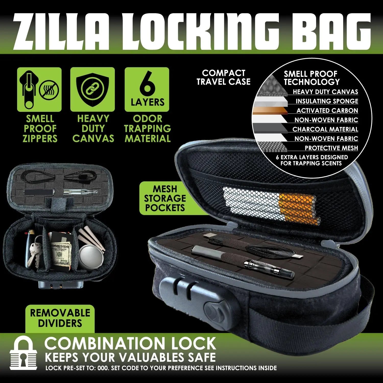 Smell Proof Small Canvas Lock Bag with Tool Organizer - 6 Pieces Per Retail Ready Display 23823 SMOKEZILLA