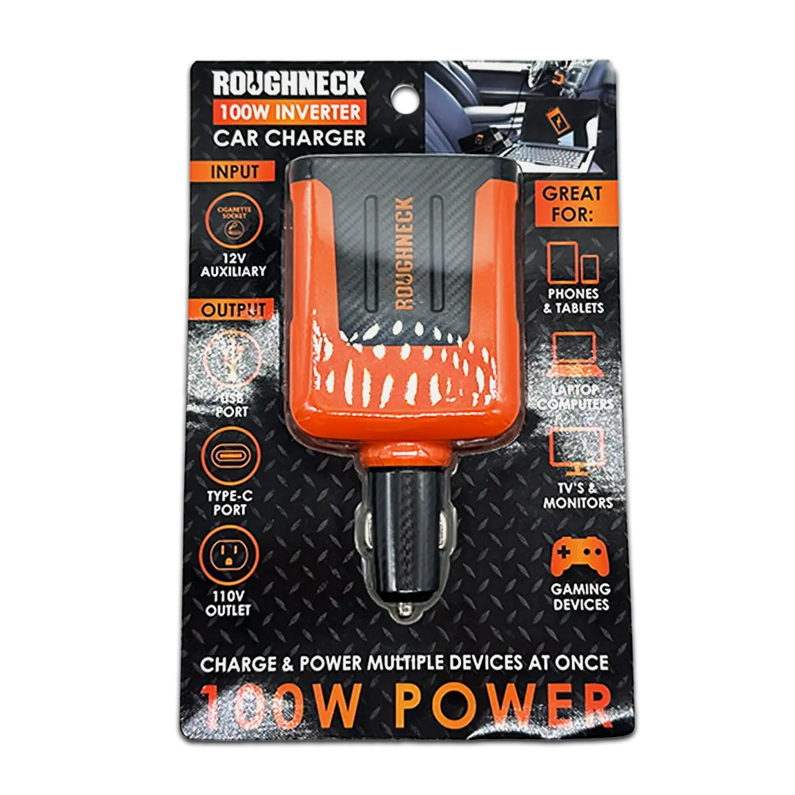 Car Charger DC 3 Port USB / USB-C / 120V Outlet 100 Watts - 4 Pieces Per Retail Ready Display 23861 ROUGHNECK