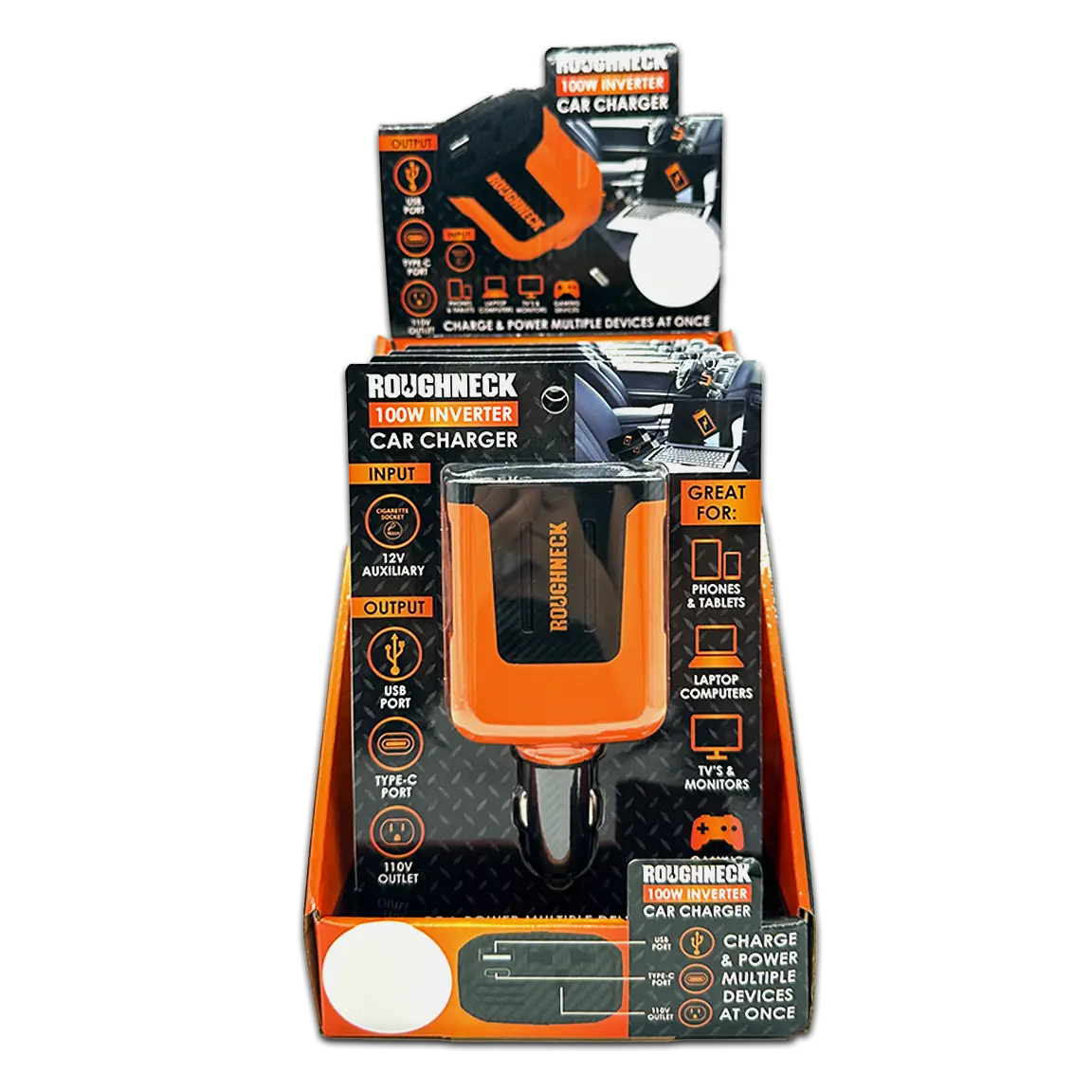 Car Charger DC 3 Port USB / USB-C / 120V Outlet 100 Watts - 4 Pieces Per Retail Ready Display 23861 ROUGHNECK