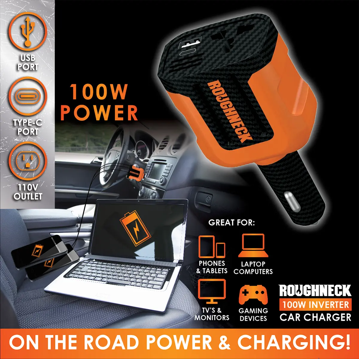 Car Charger DC 3 Port USB / USB-C / 120V Outlet 100 Watts - 4 Pieces Per Retail Ready Display 23861 ROUGHNECK