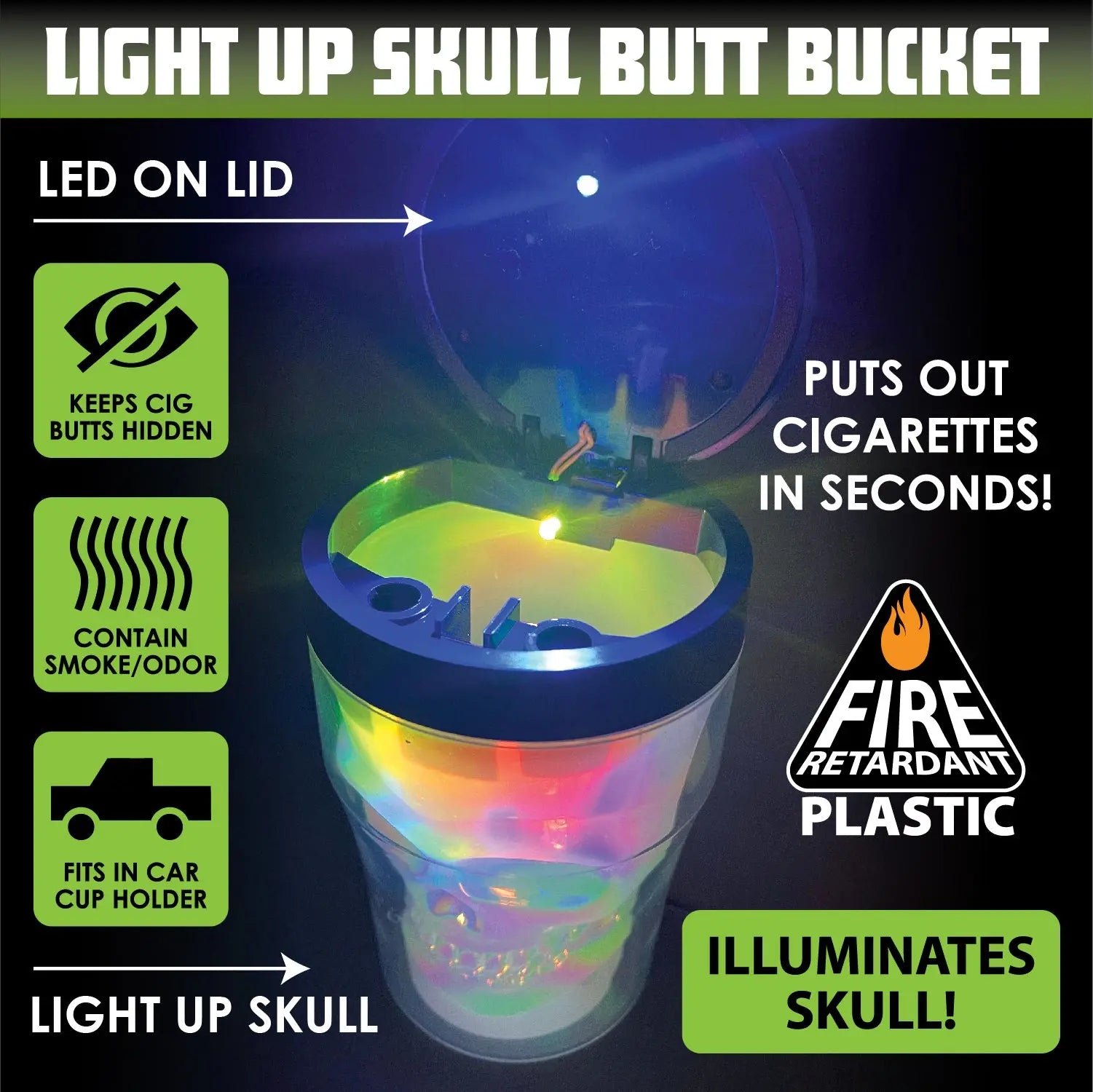 Printed Lid Light-Up Skull Butt Bucket Ashtray - 6 Pieces Per Retail Ready Display 23981 SMOKEZILLA