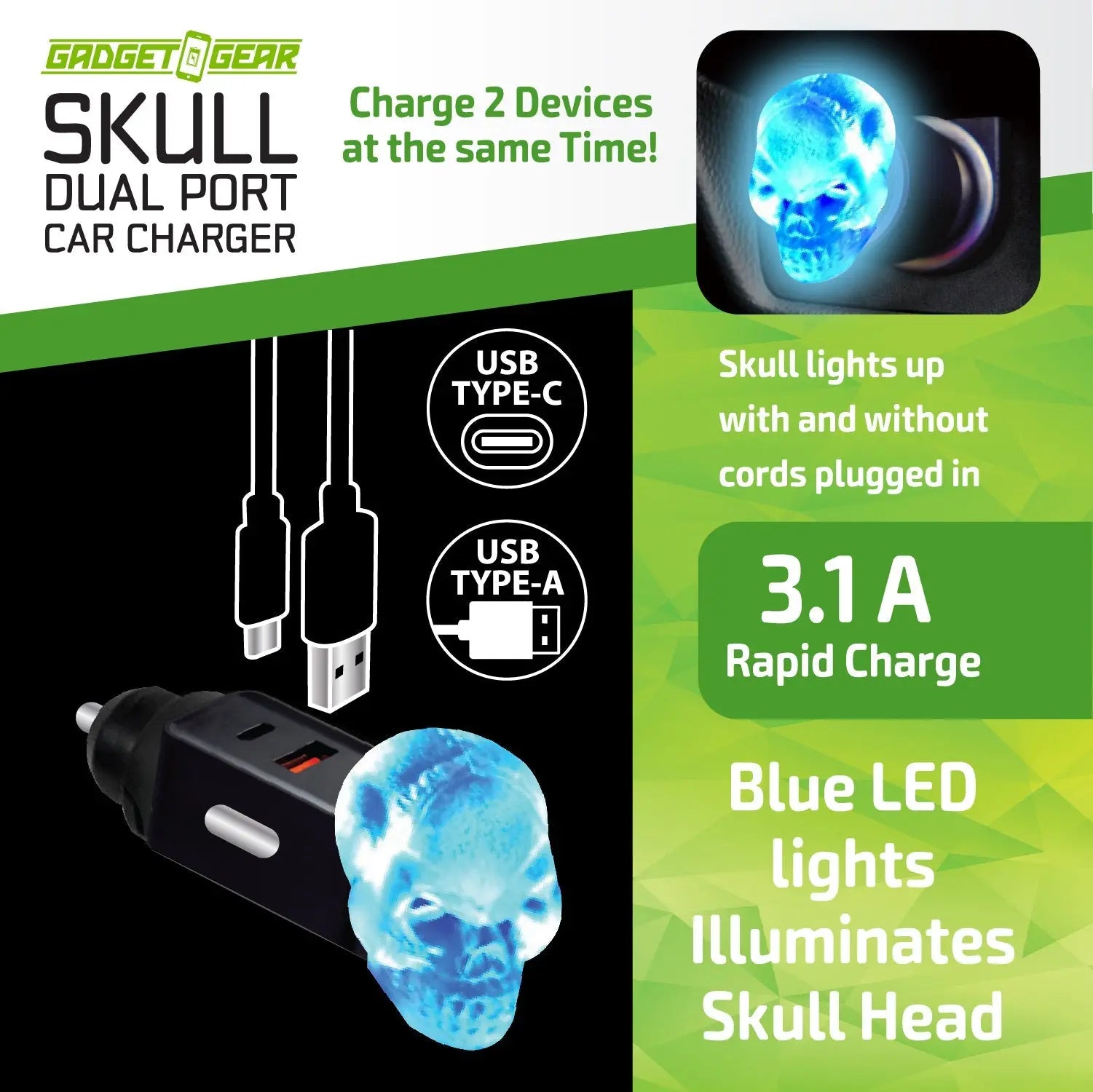 Car Charger Dual Port USB / USB-C LED Skull 3.1 Amp - 6 Pieces Per Retail Ready Display 24001 GADGET GEAR