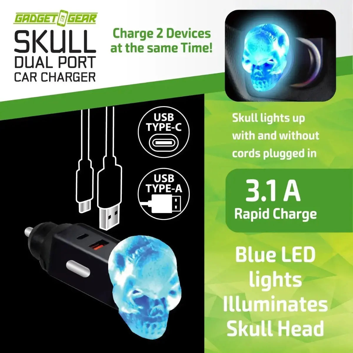 Car Charger Dual Port USB / USB-C LED Skull 3.1 Amp - 3 Pieces Per Pack 41785 GADGET GEAR
