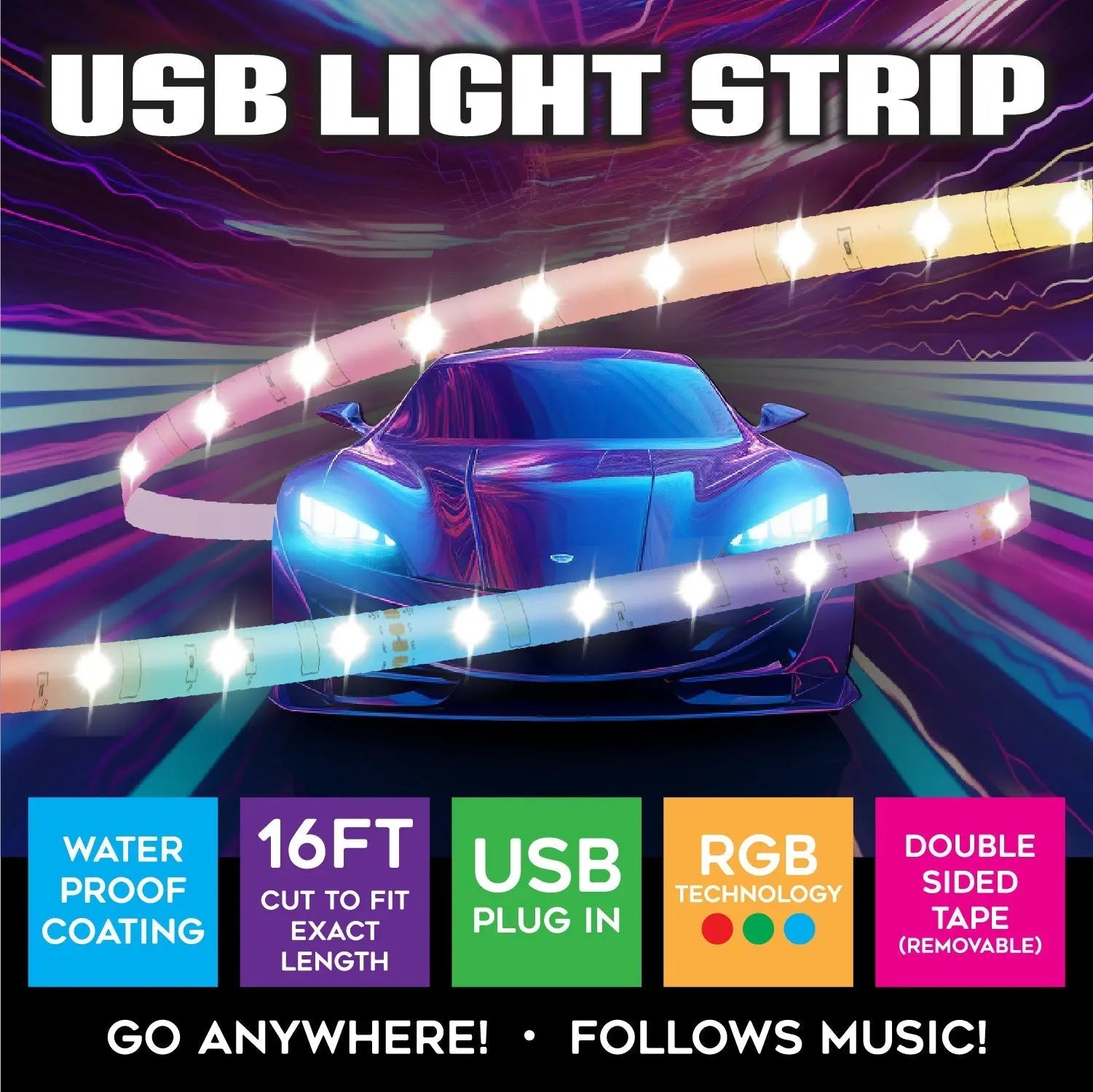 Mood Light Strip USB with Remote 16FT - 6 Pieces Per Pack 24338AZ CAR VIBEZ