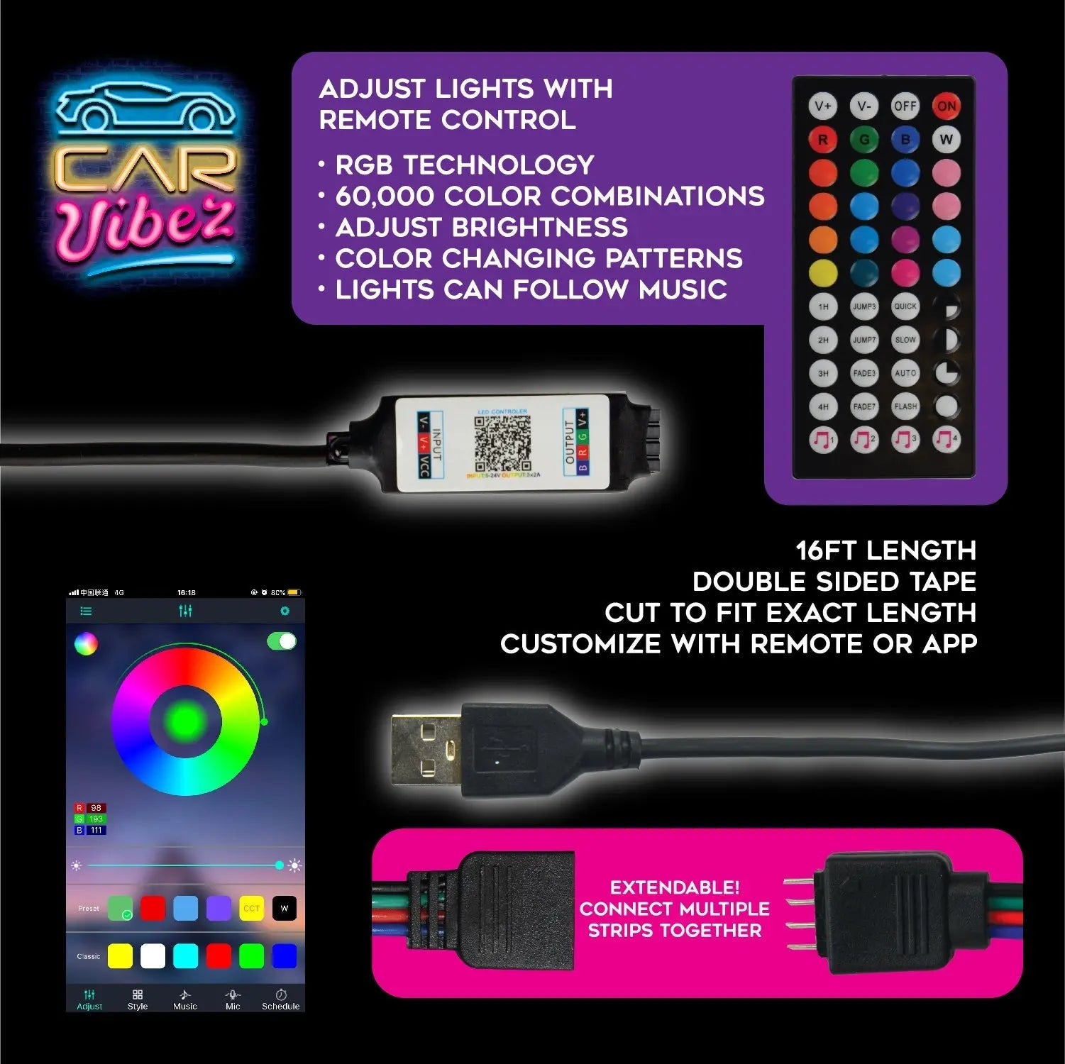 Mood Light Strip USB with Remote 16FT - 6 Pieces Per Pack 24338AZ CAR VIBEZ