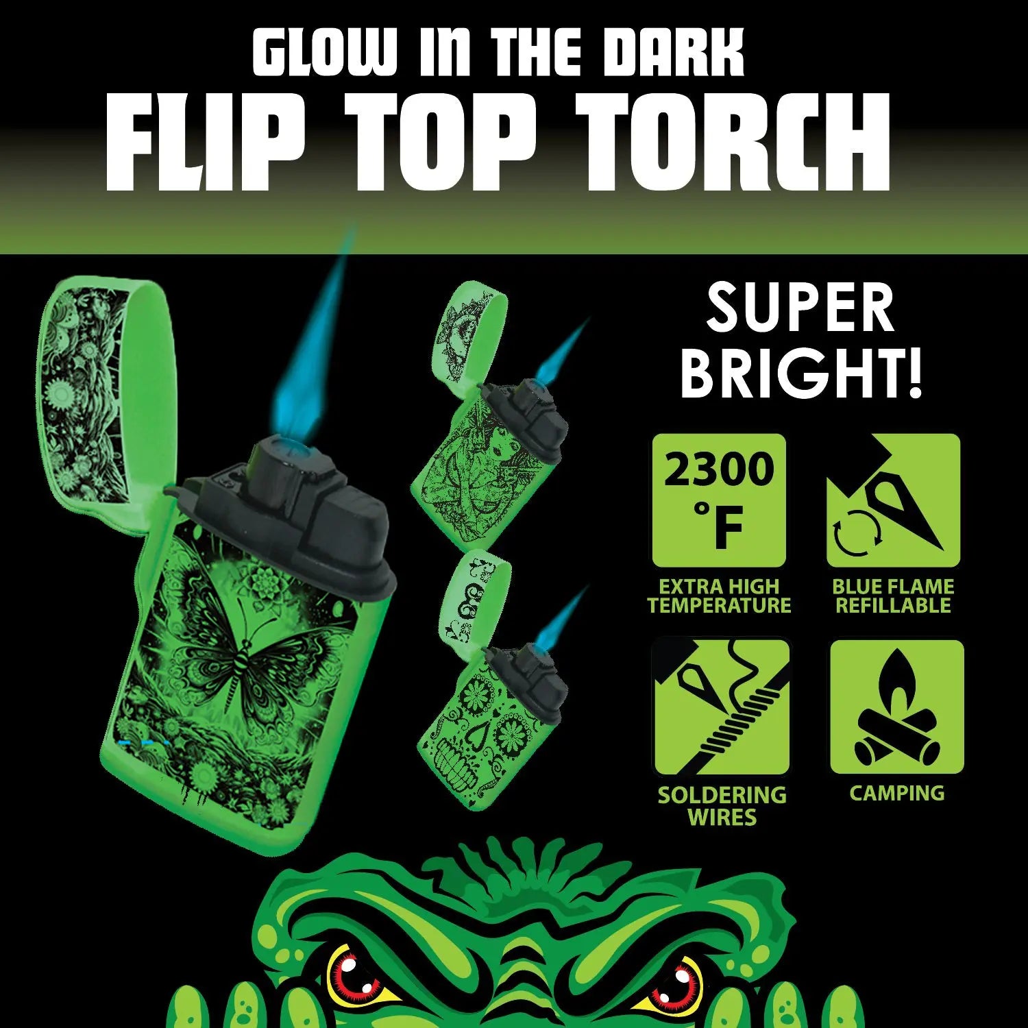 Glow In The Dark Flip Top Torch Lighter - 15 Pieces Per Retail Ready Display 24448 SMOKEZILLA