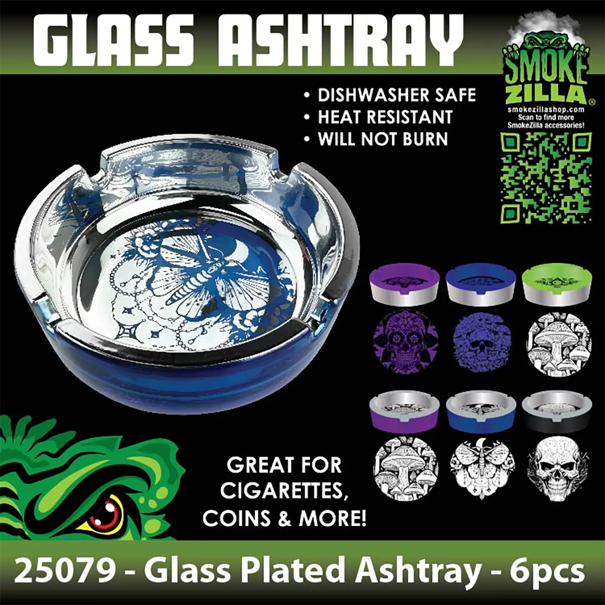Glass Metal Plated Round Ashtray - 6 Pieces Per Retail Ready Display 25079 SMOKEZILLA