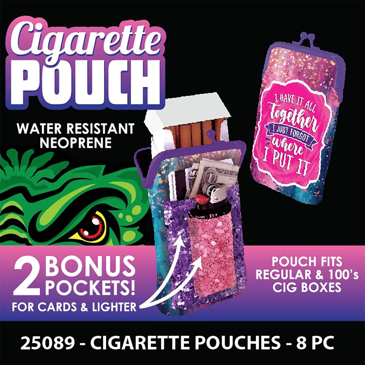 Neoprene Cigarette Pouch with Pocket - 8 Pieces Per Retail Ready Display 25089 SMOKEZILLA