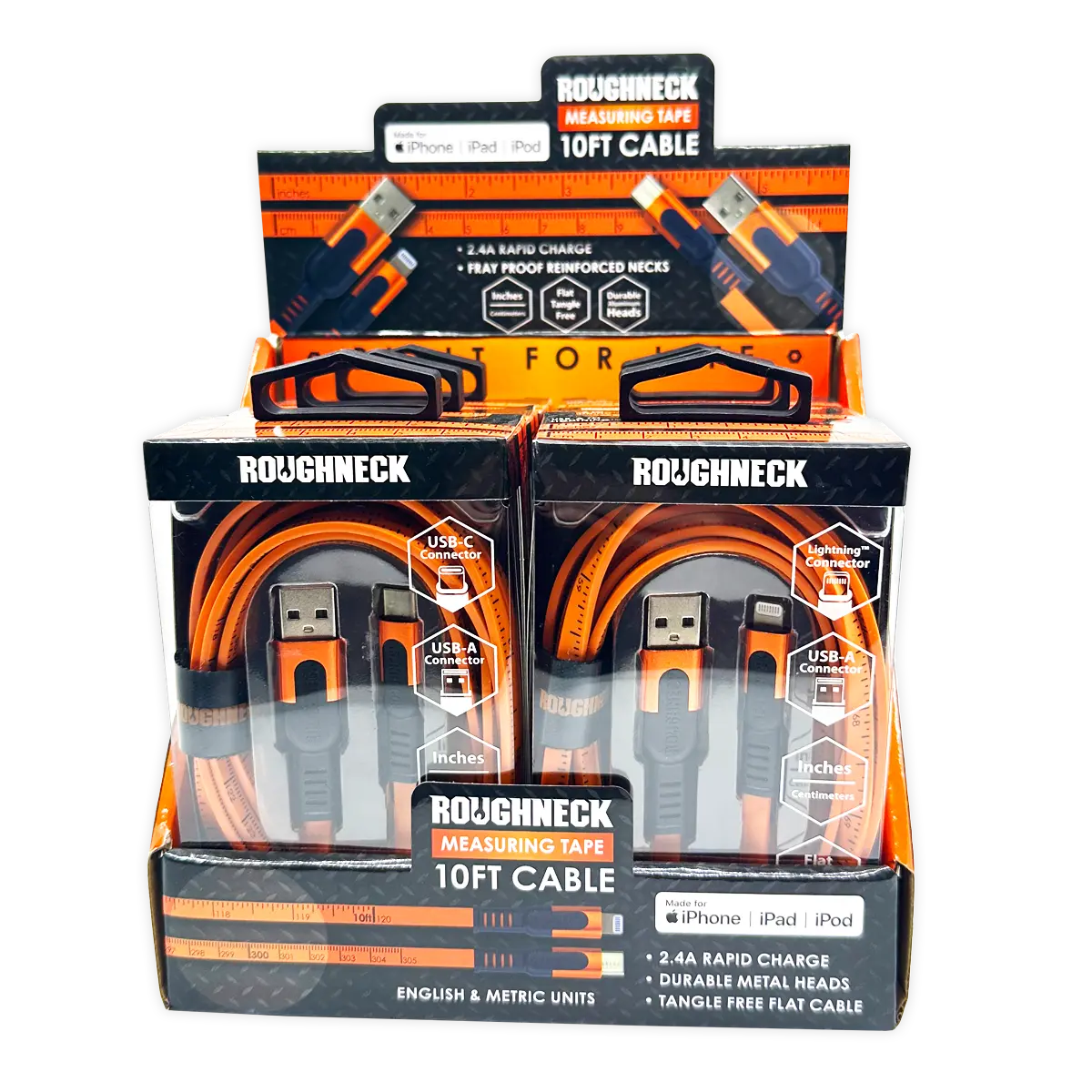 Charging Cable Flat Tape Measure Assortment 10FT 2.4 Amp - 6 Pieces Per Retail Ready Display  25090 ROUGHNECK