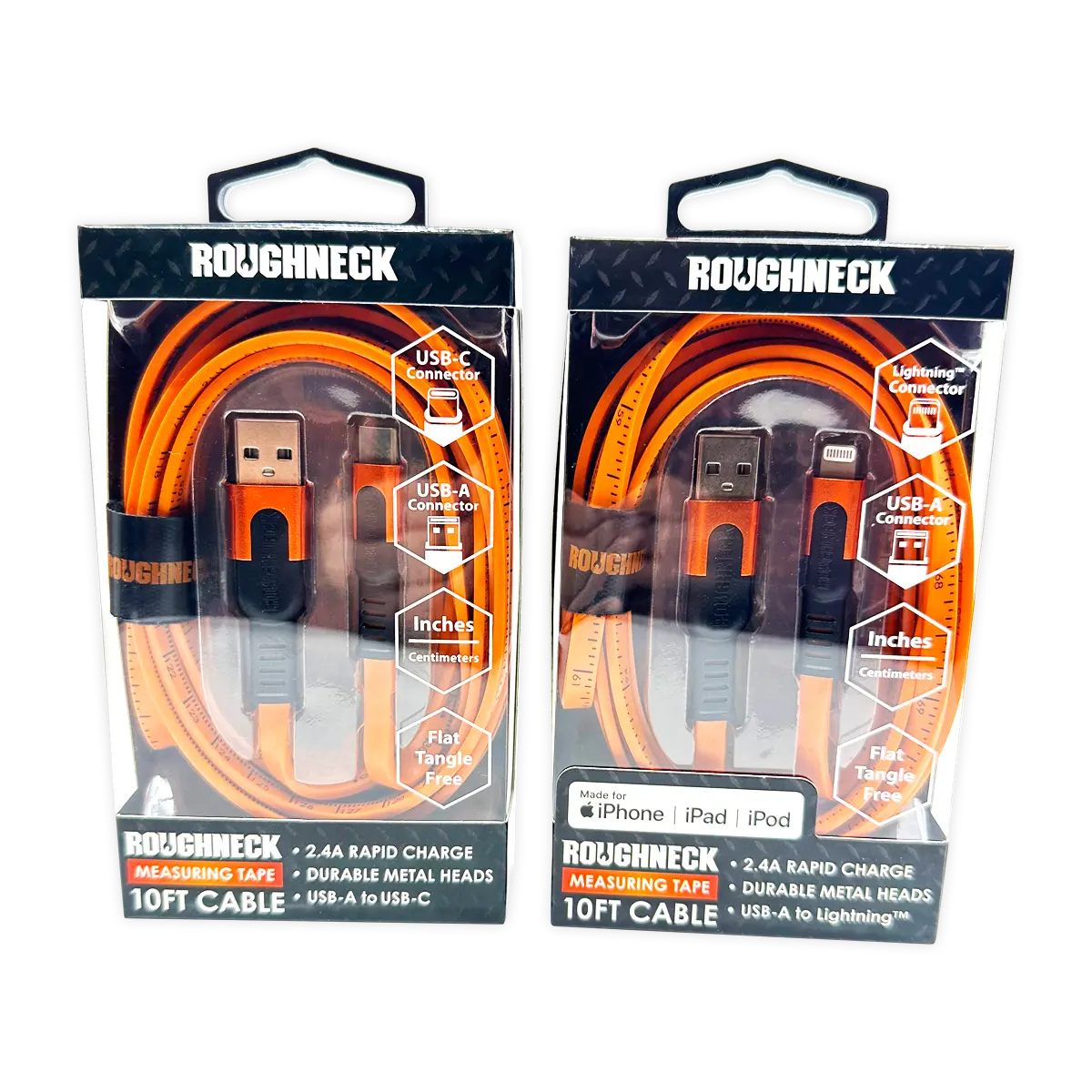 Charging Cable Flat Tape Measure Assortment 10FT 2.4 Amp - 6 Pieces Per Retail Ready Display  25090 ROUGHNECK