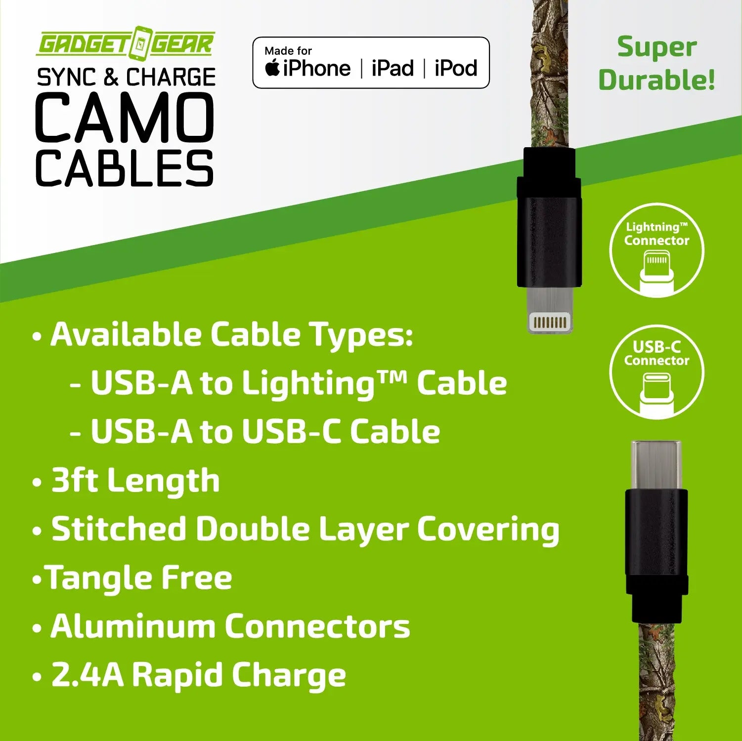 Charging Cable Camo Assortment 3FT - 12 Pieces Per Retail Ready Display 25112 GADGET GEAR