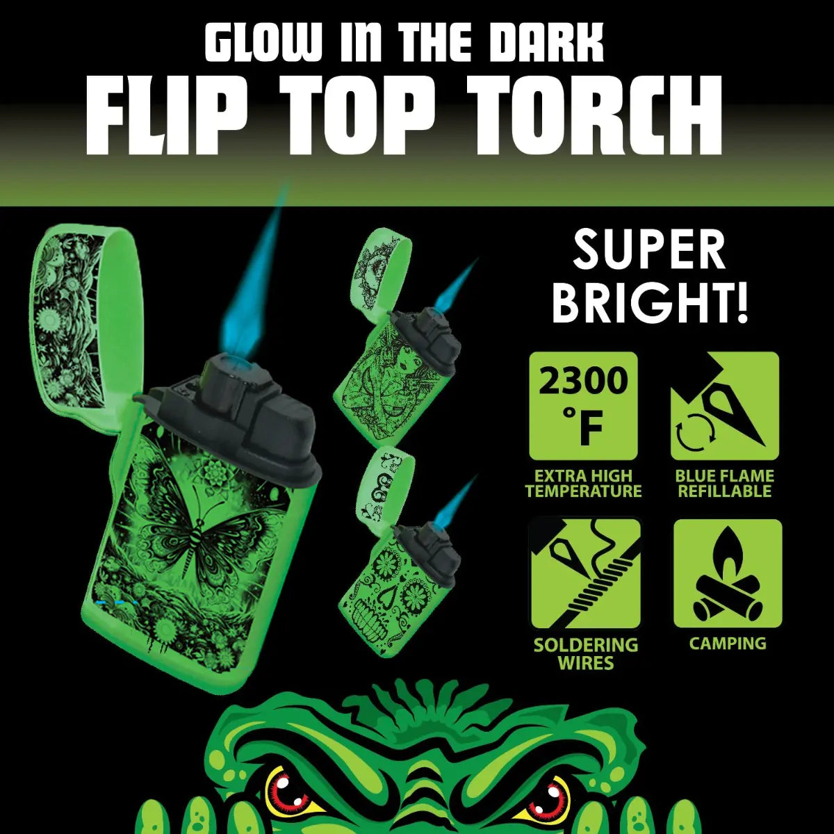 Glow in The Dark Flip Top Lighter - 15 Pieces Per Retail Ready Display 25125 SMOKEZILLA