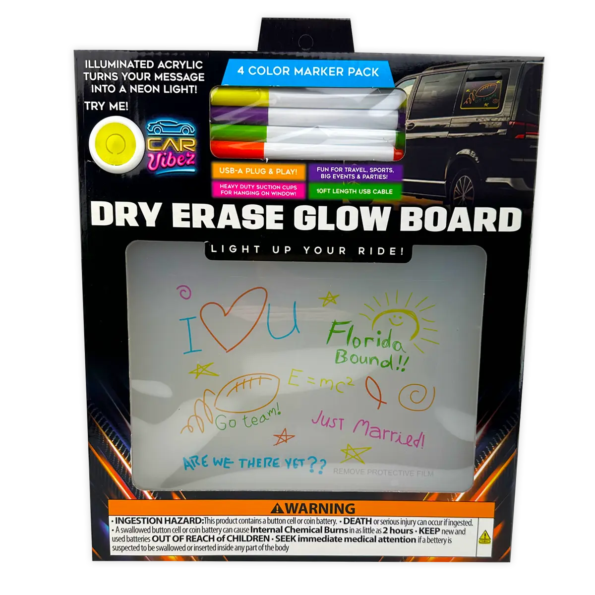 Dry Erase Window Glow Board with Markers - 6 Pieces Per Retail Ready Display 25274 CAR VIBEZ