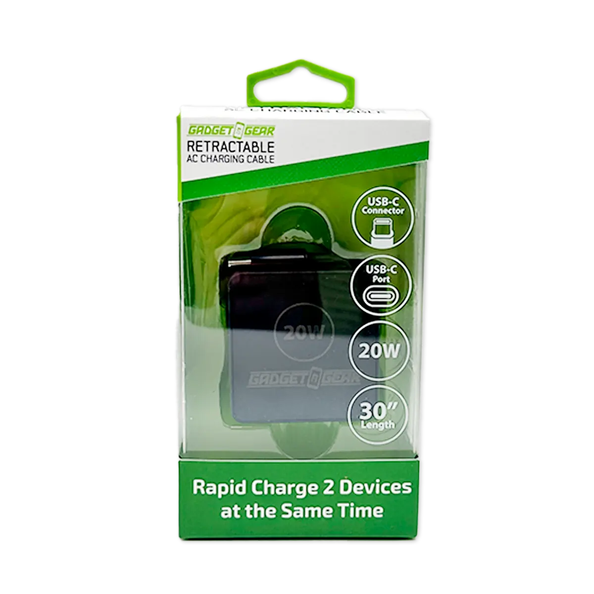 Retractable 30" Charger AC Dual Port USB-C 20 Watts - 6 Pieces Per Retail Ready Display 25383 GADGET GEAR