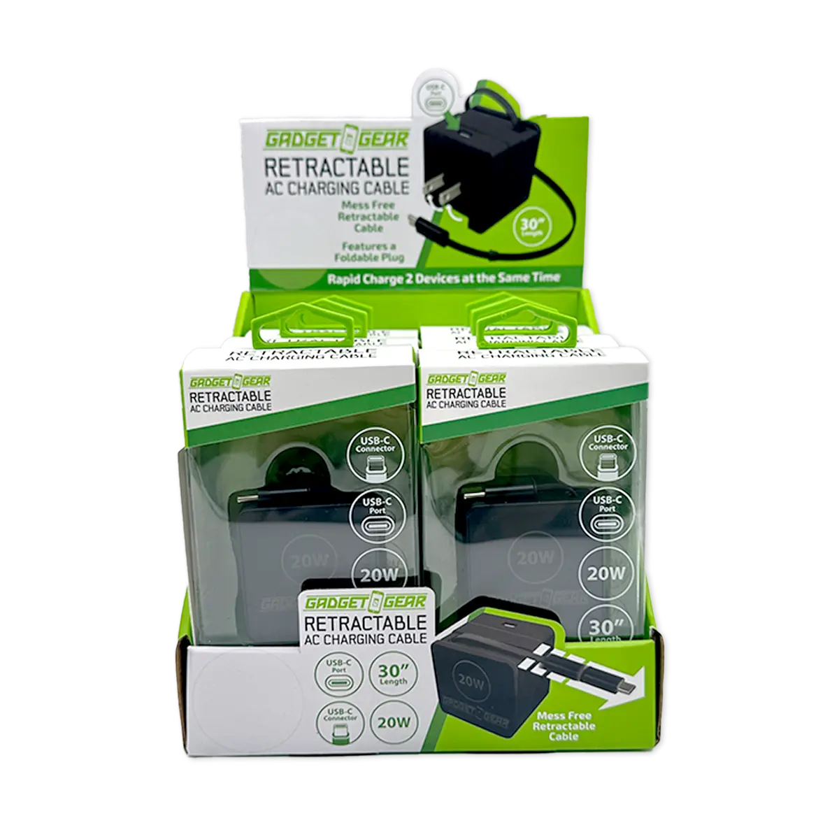Retractable 30" Charger AC Dual Port USB-C 20 Watts - 6 Pieces Per Retail Ready Display 25383 GADGET GEAR
