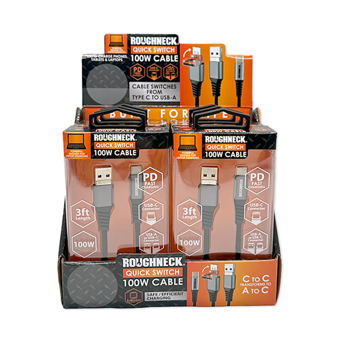 Charging Cable Quick Switch 2 in 1 Multi-Head USB to USB-C 3FT 100W - 6 Pieces Per Retail Ready Display 25695 ROUGHNECK