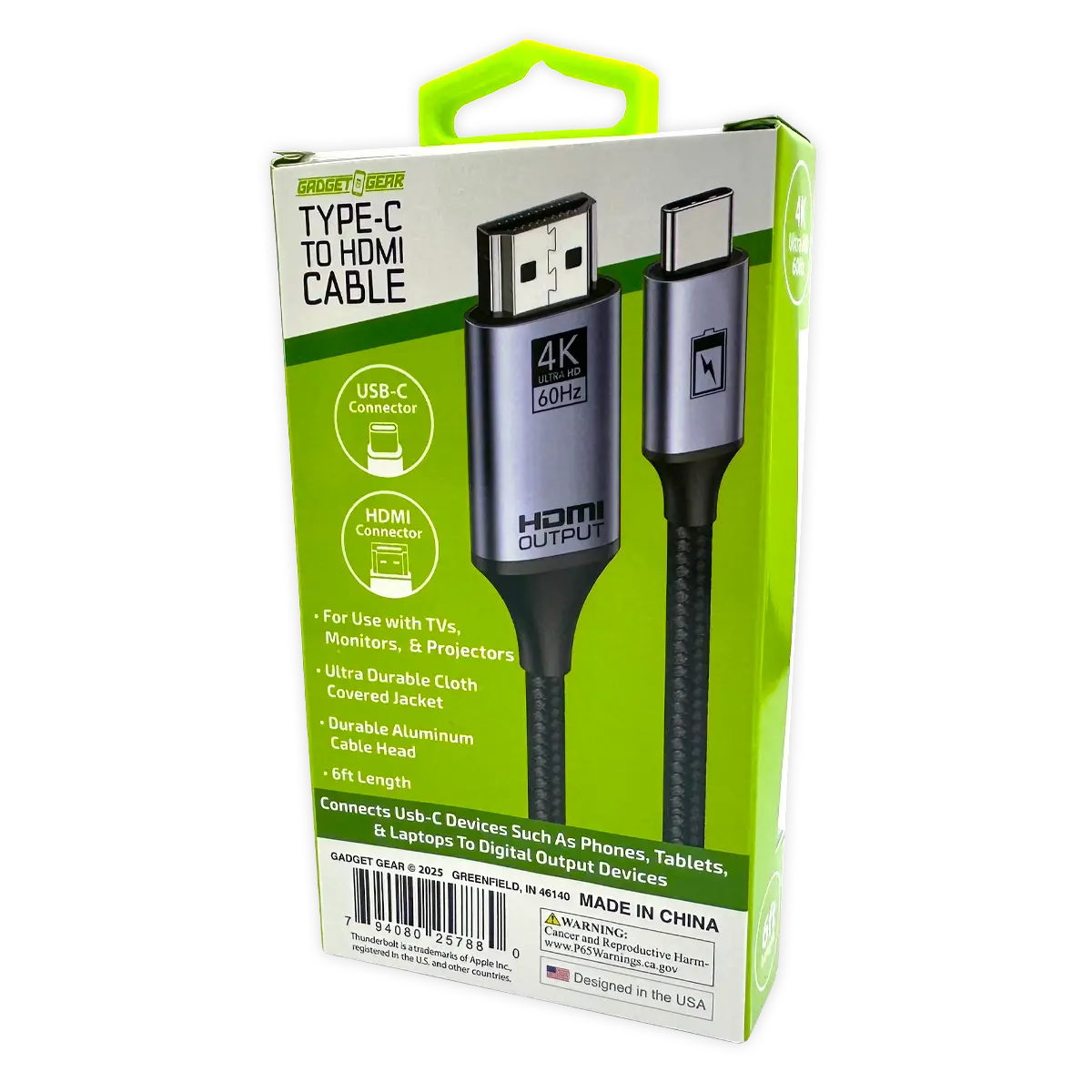 USB-C to HDMI Adapter Cable 6FT 4K Ultra HD 60hz - 6 Pieces Per Retail Ready Display 25788 GADGET GEAR