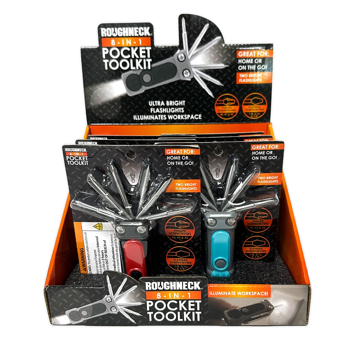 8-In-1 Pocket Toolkit Multi-Tool with Lights - 6 Pieces Per Retail Ready Display 25789 ROUGHNECK