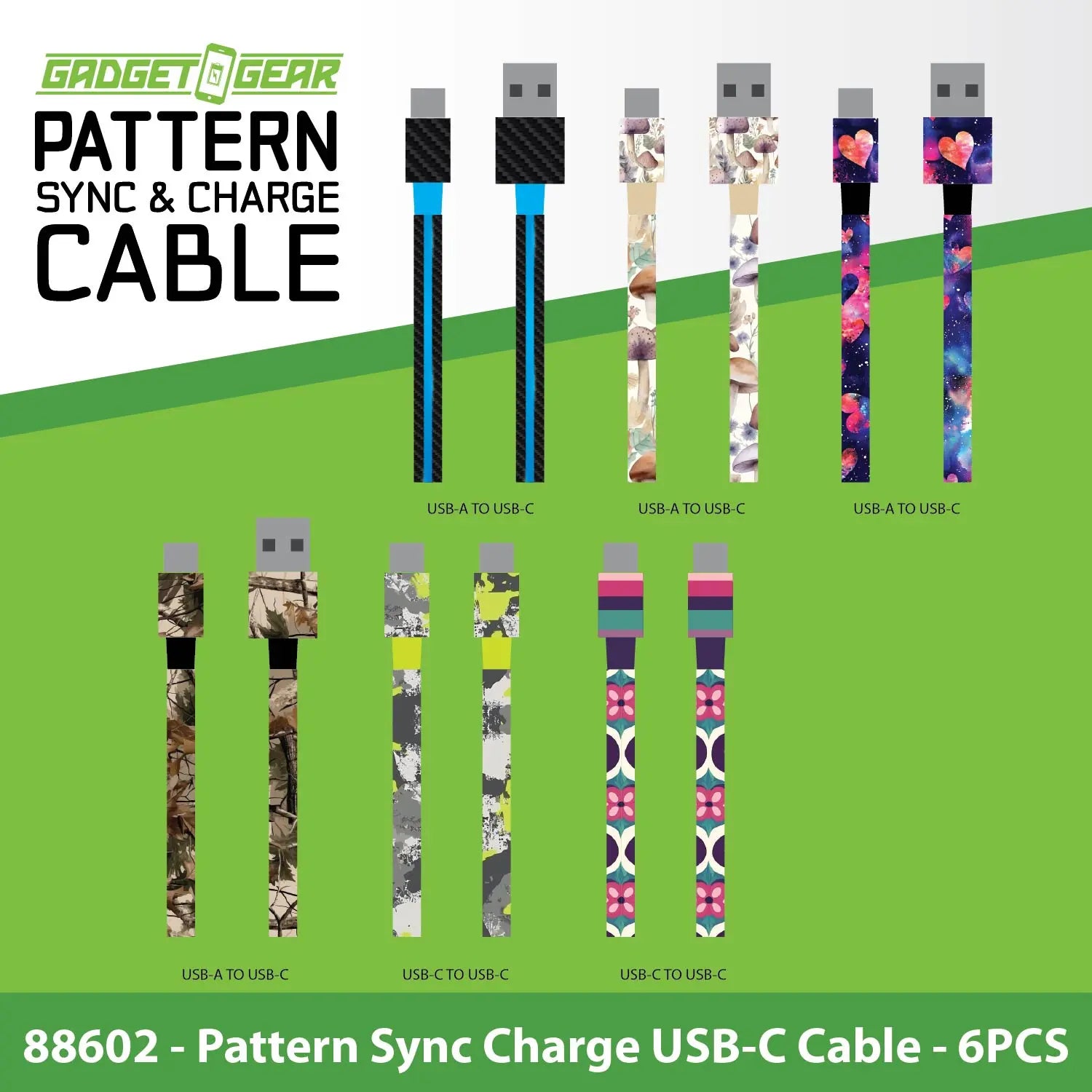 USB-C / USB-A Charging Cable Assortment 10FT 20 Watts - 6 Pieces Per Retail Ready Display 88602 GADGET GEAR