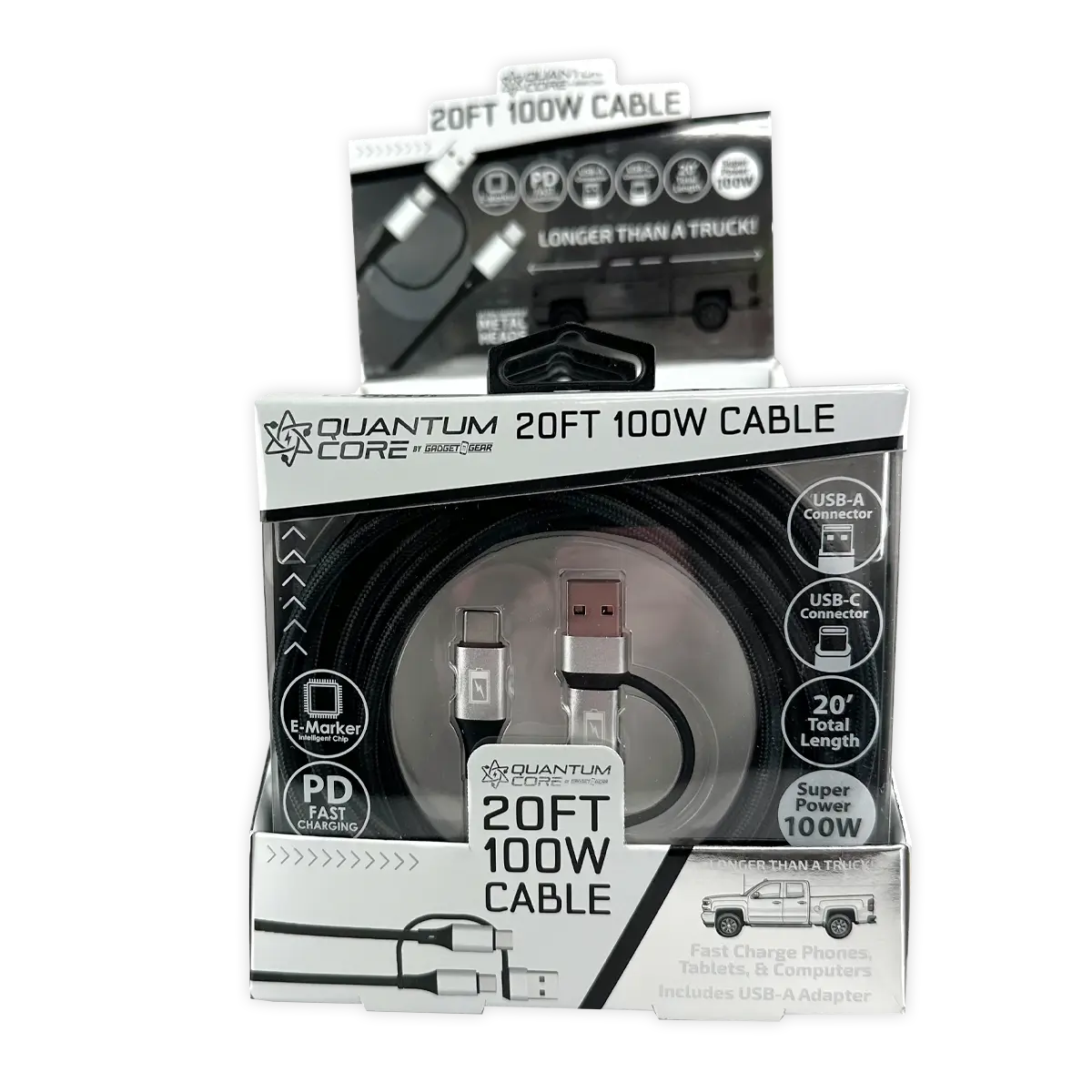 Charging Cable Quick Switch 2 in 1 Multi-Head USB to USB-C 20FT 100W - 6 Pieces Per Retail Ready Display 25823 GADGET GEAR