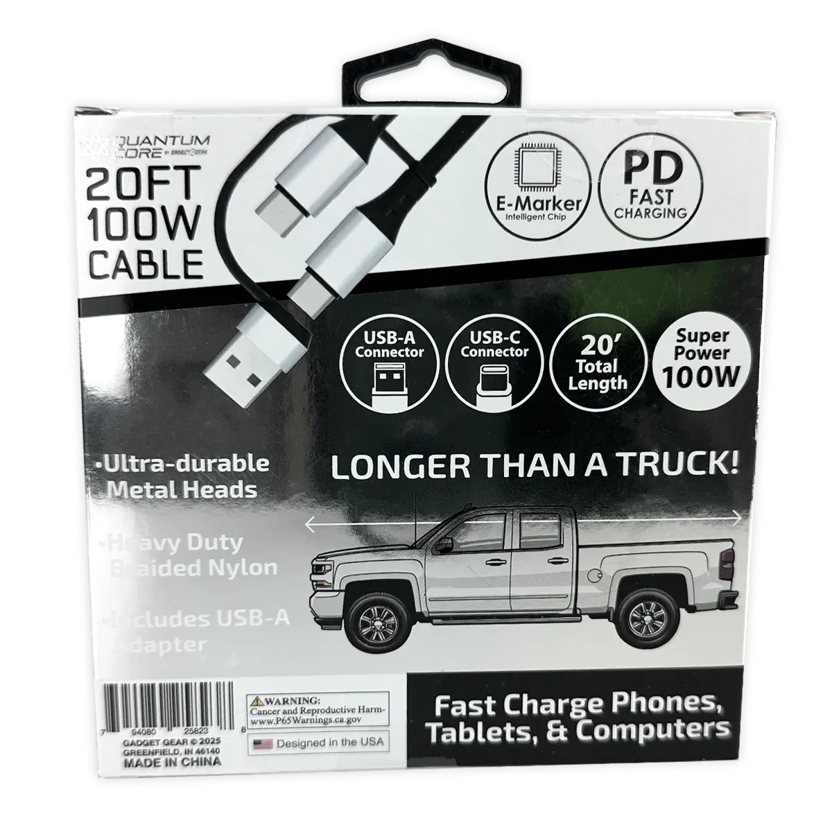 Charging Cable Quick Switch 2 in 1 Multi-Head USB to USB-C 20FT 100W - 6 Pieces Per Retail Ready Display 25823 GADGET GEAR