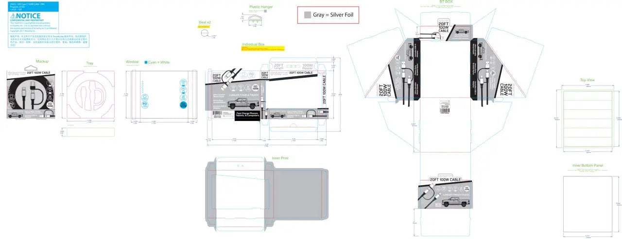 Charging Cable Quick Switch 2 in 1 Multi-Head USB to USB-C 20FT 100W - 6 Pieces Per Retail Ready Display 25823 GADGET GEAR