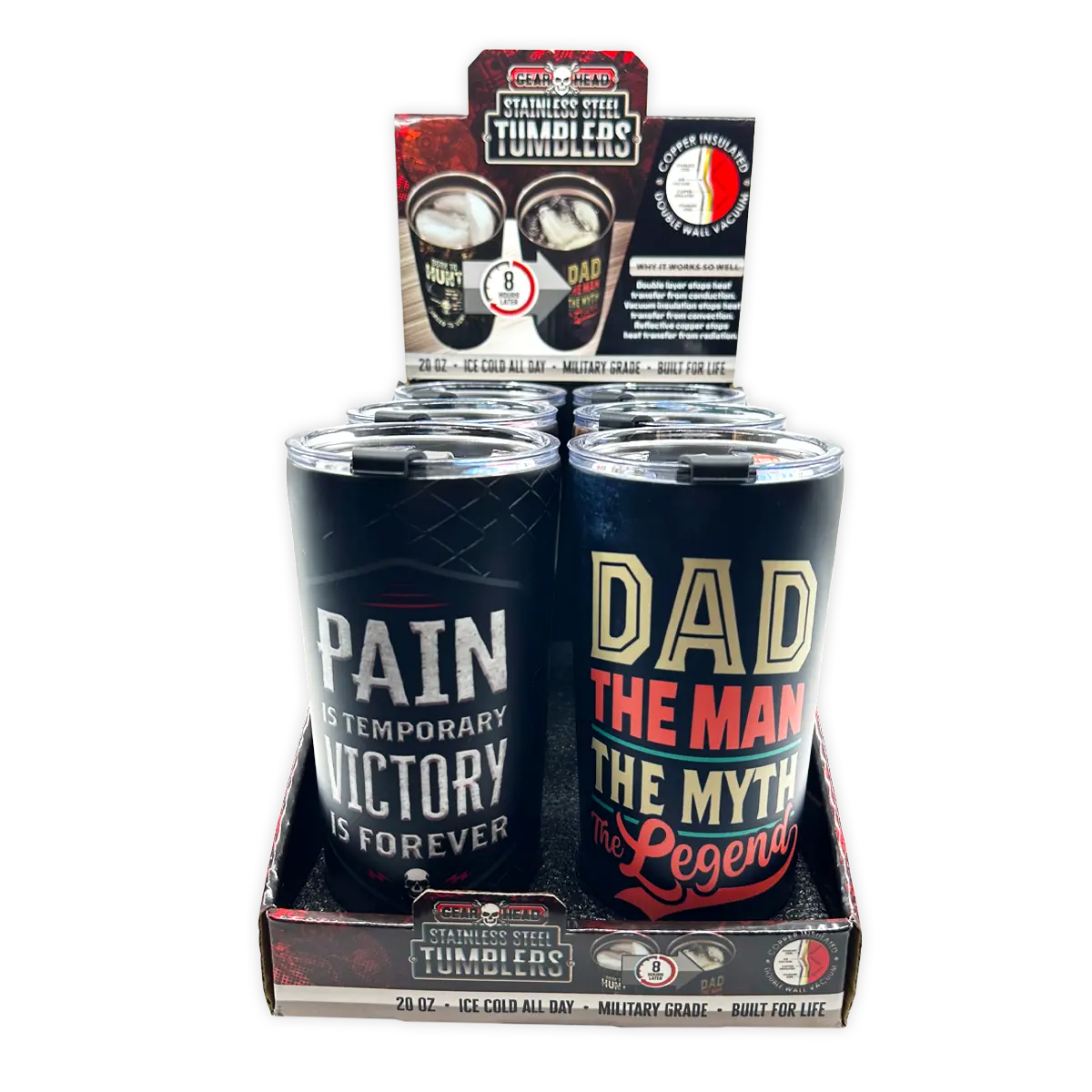 Stainless Steel 20oz Metal Emblem Insulated Printed Tumblers - 6 Pieces Per Retail Ready Display 25835 GEAR HEAD