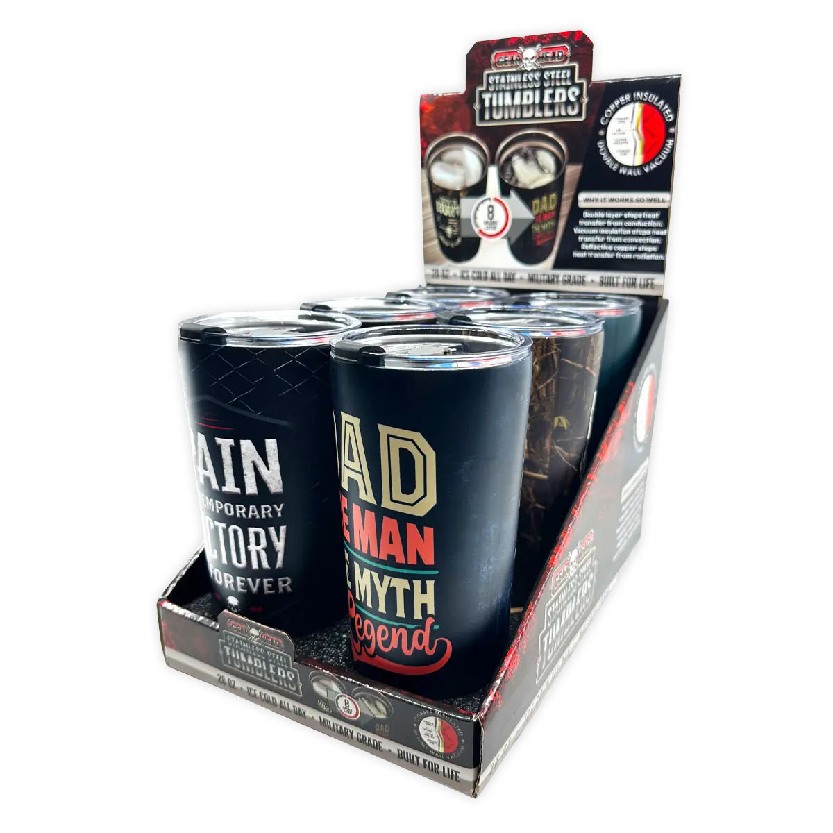 Stainless Steel 20oz Metal Emblem Insulated Printed Tumblers - 6 Pieces Per Retail Ready Display 25835 GEAR HEAD