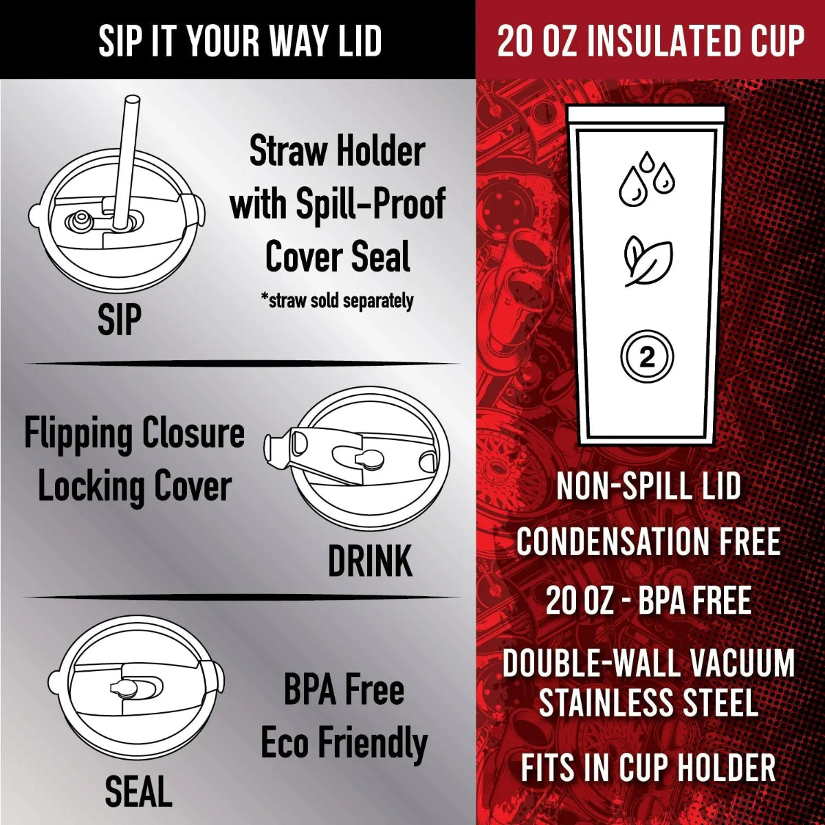 Stainless Steel 20oz Metal Emblem Insulated Printed Tumblers - 6 Pieces Per Retail Ready Display 25835 GEAR HEAD