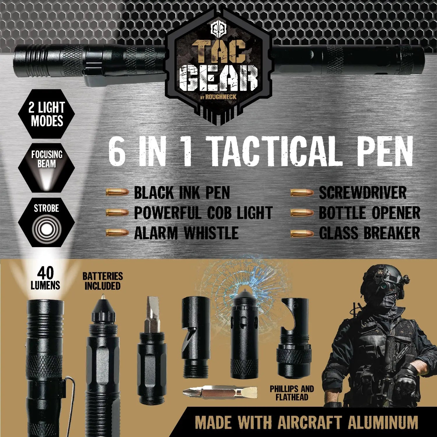 Multi-Tool 6-In-1 Tactical Pen with LED Flashlight - 6 Pieces Per Retail Ready Display 25852 TAC GEAR