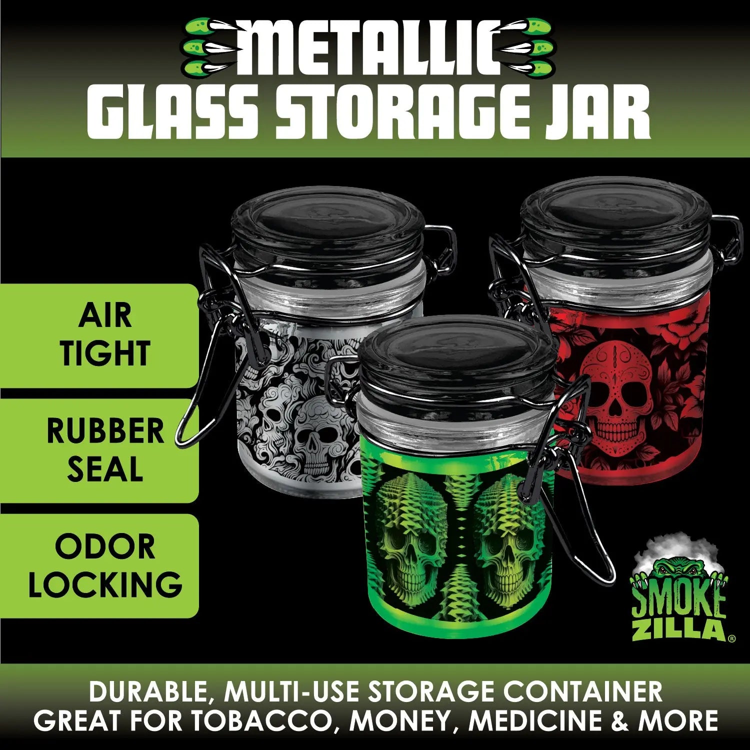 Metallic Smell Proof Glass Storage Jar with Hinged Lid- 6 Pieces Per Retail Ready Display 25891 SMOKEZILLA