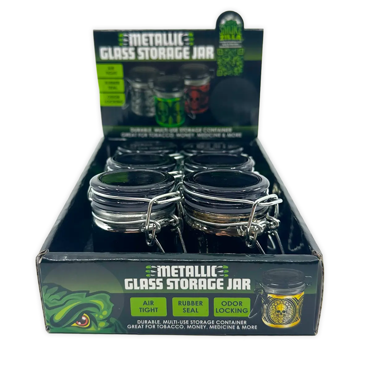 Metallic Smell Proof Glass Storage Jar with Hinged Lid- 6 Pieces Per Retail Ready Display 25891 SMOKEZILLA
