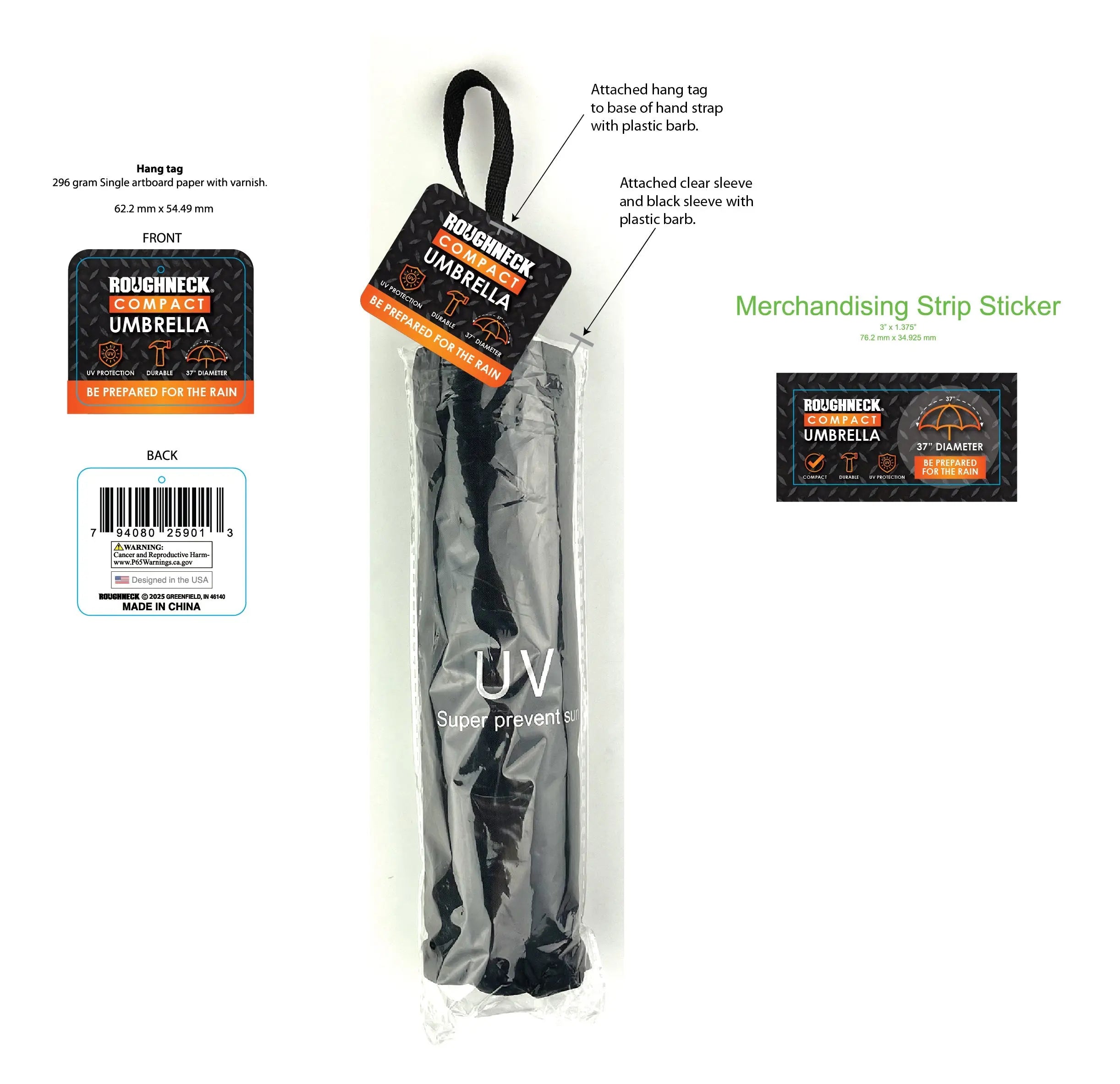 Compact Umbrella with Merchandising Hang Strip - 6 Pieces Per Retail Ready Display 25901 ROUGHNECK