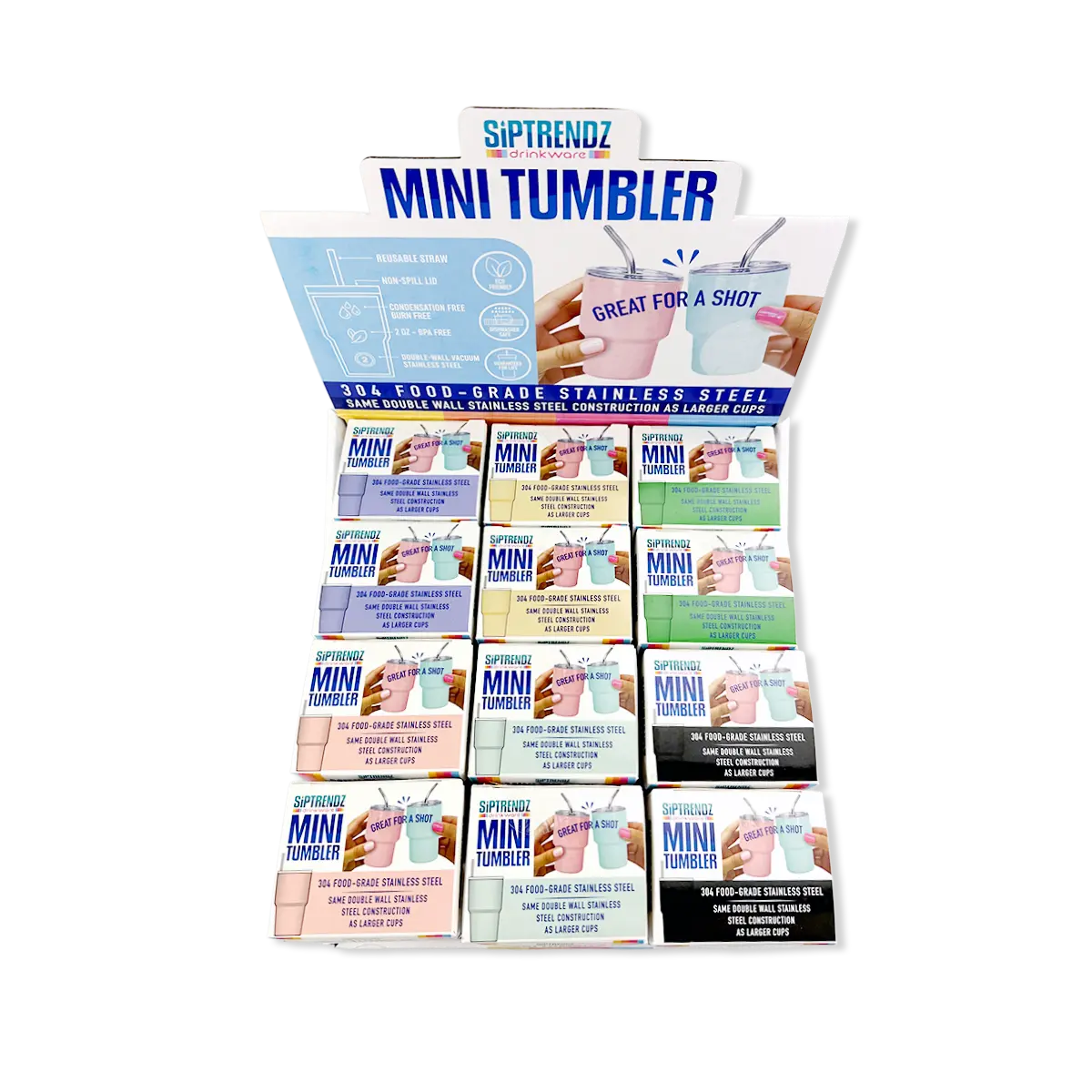 Stainless Steel 2oz Insulated Mini Shot Tumblers - 12 Pieces Per Retail Ready Display 25943 GEAR HEAD