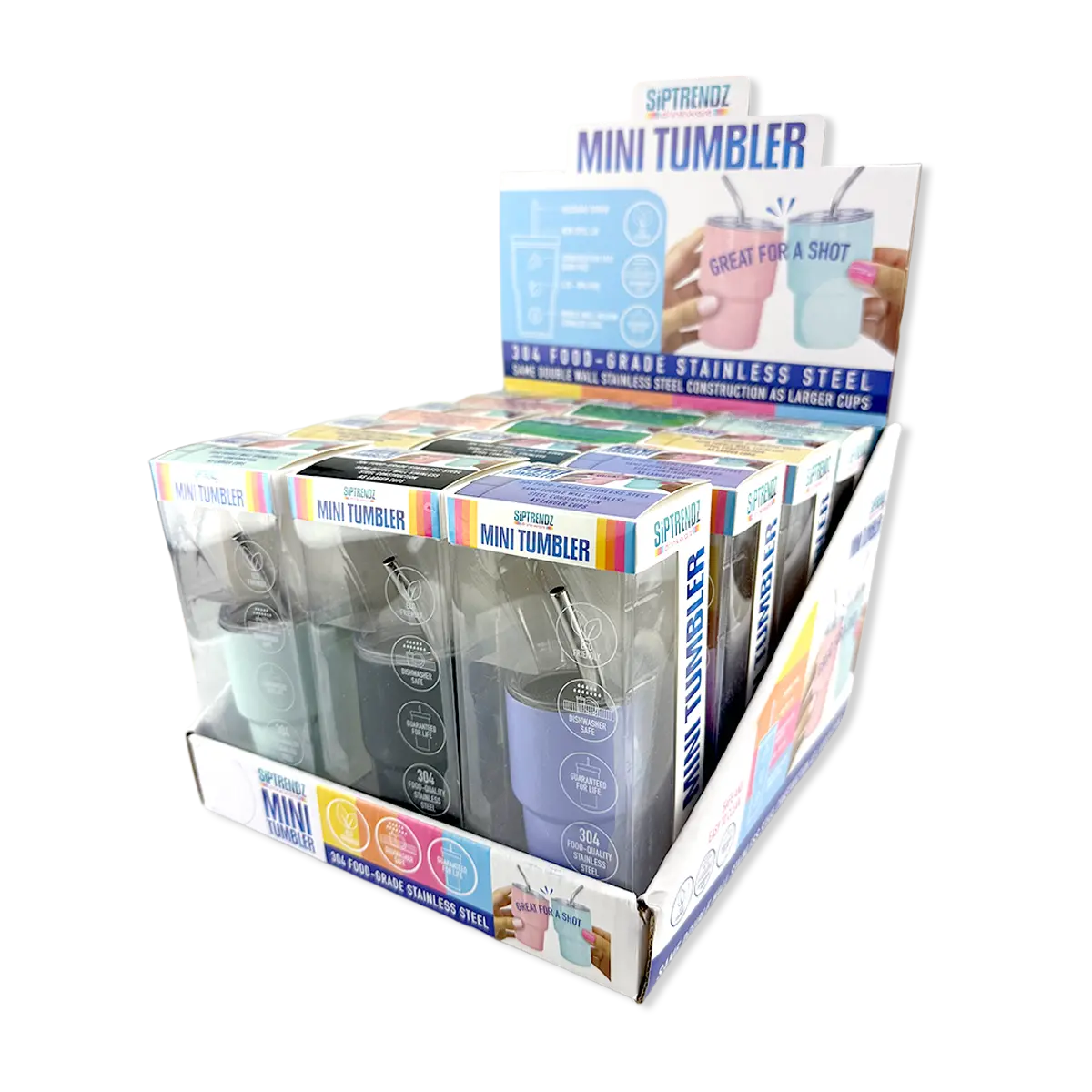 Stainless Steel 2oz Insulated Mini Shot Tumblers - 12 Pieces Per Retail Ready Display 25943 GEAR HEAD