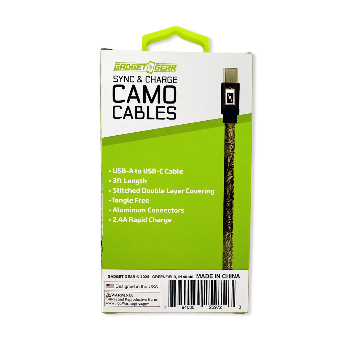 Charging Cable Camo USB-A-to-USB-C 3FT - 6 Pieces Per Retail Ready Display 25972 GADGET GEAR
