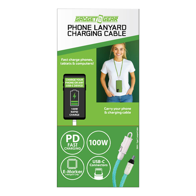 Phone Lanyard 100W Charging Cable - 6 Pieces Per Retail Ready Display 26041 GADGET GEAR