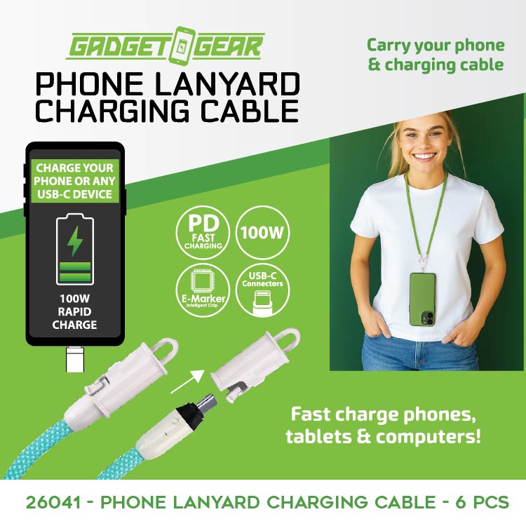 Phone Lanyard 100W Charging Cable - 6 Pieces Per Retail Ready Display 26041 GADGET GEAR