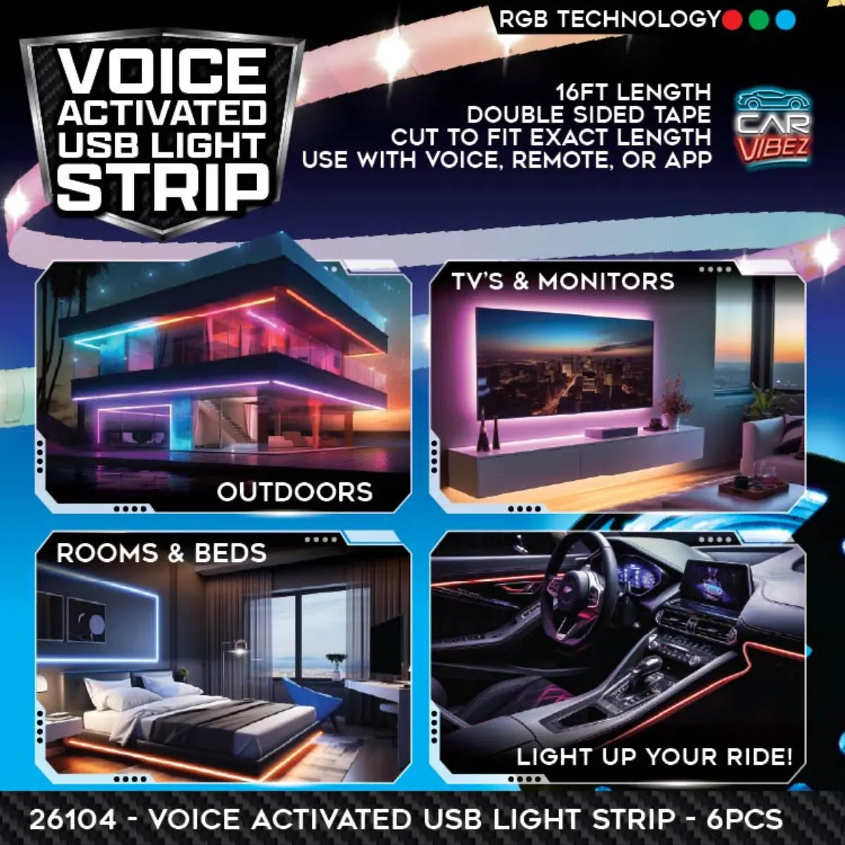 Voice Activated USB Mood Light Strip 16FT - 6 Pieces Per Retail Ready Display 26104 CAR VIBEZ