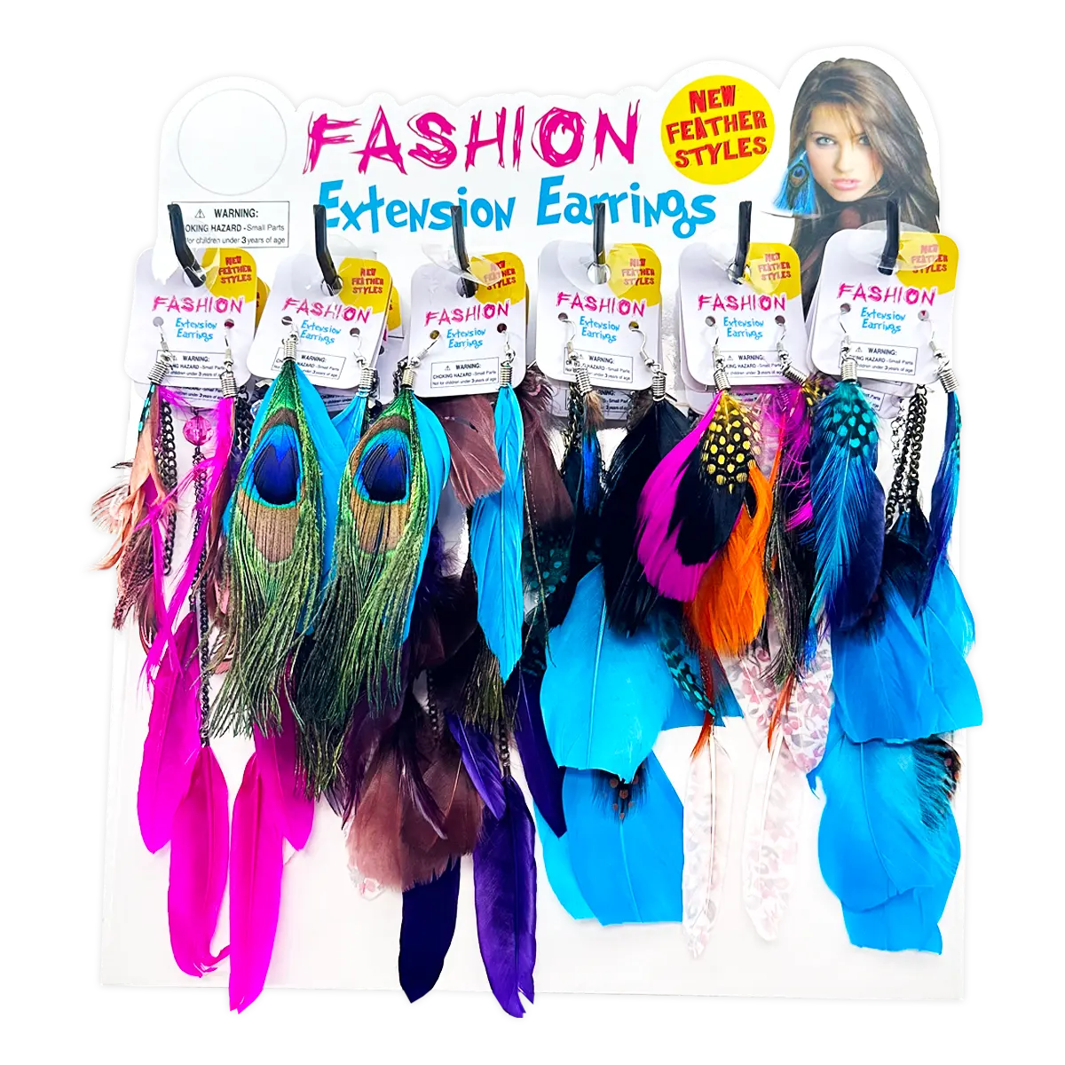 Fashion Extension Feather Earrings  - 18 Pieces Per Retail Ready Kit Display 28287 NOVELTY INC