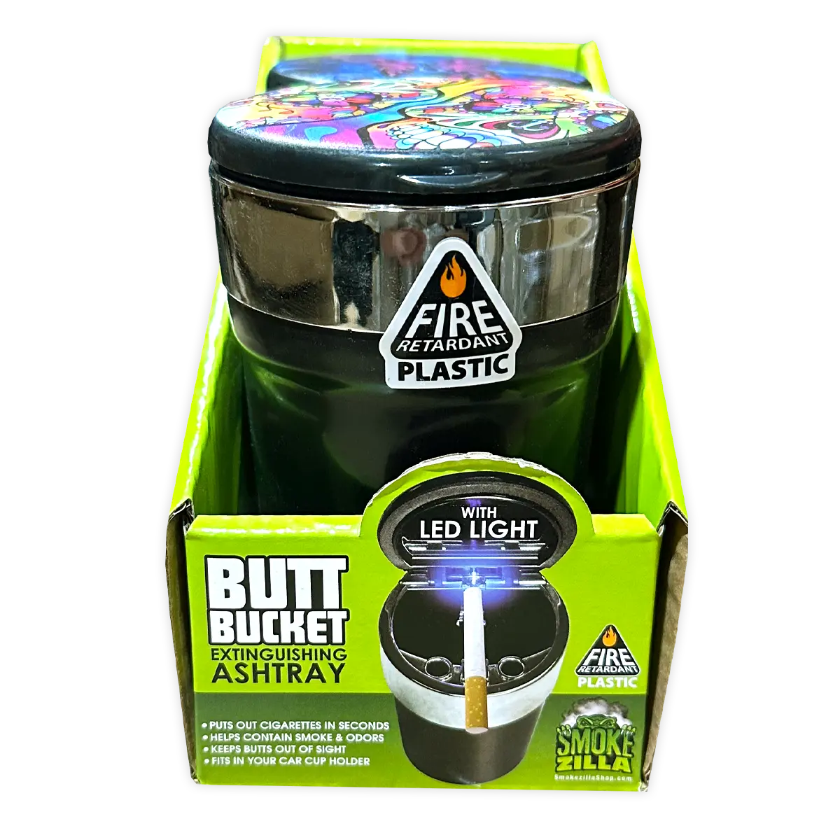 Printed Lid Butt Bucket Ashtray with LED light- 2 Per Retail Ready Wholesale Display 40309 SMOKEZILLA