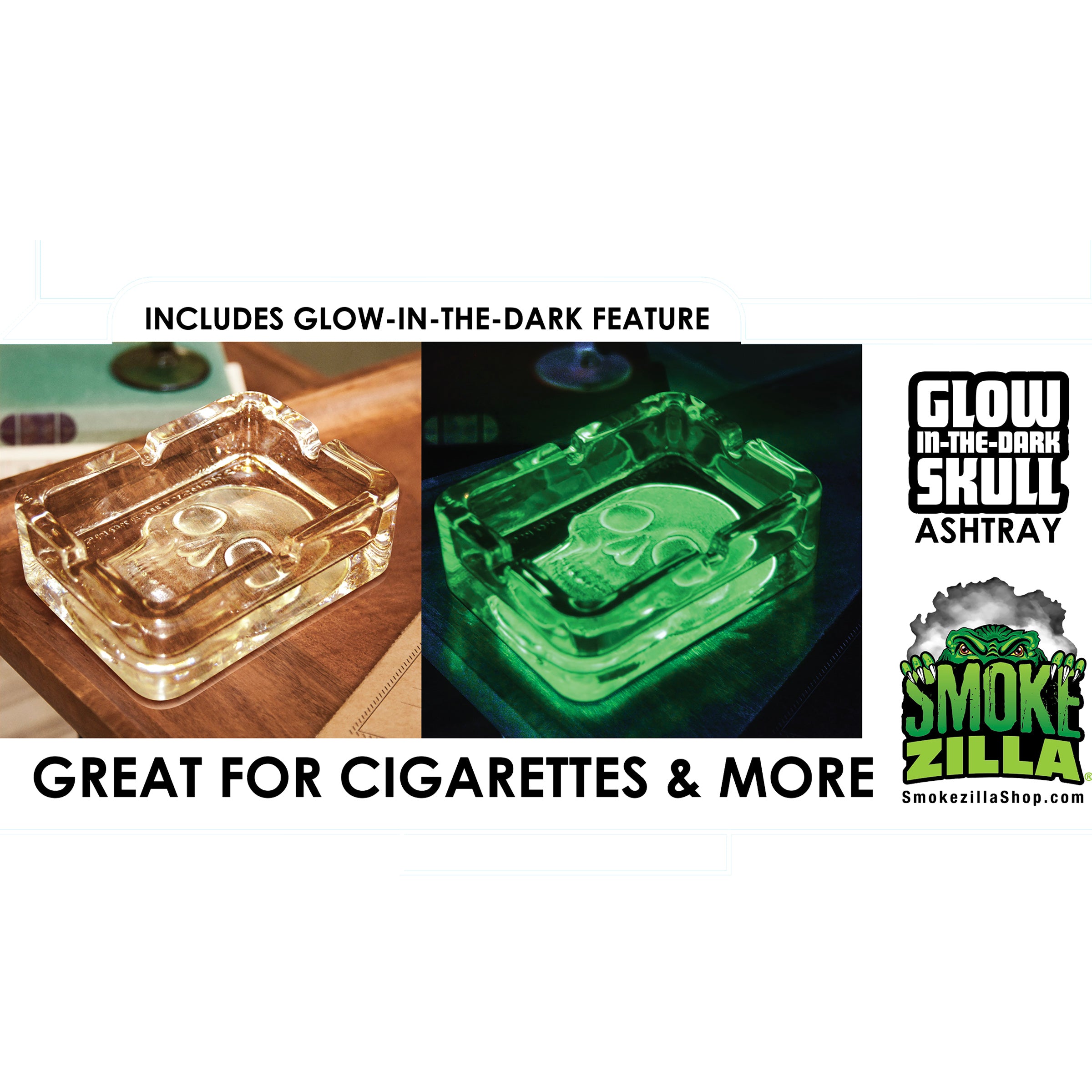 Glow In The Dark Skull Glass Ashtray - 5 Pieces Per Retail Ready Wholesale Display 40959 SMOKEZILLA