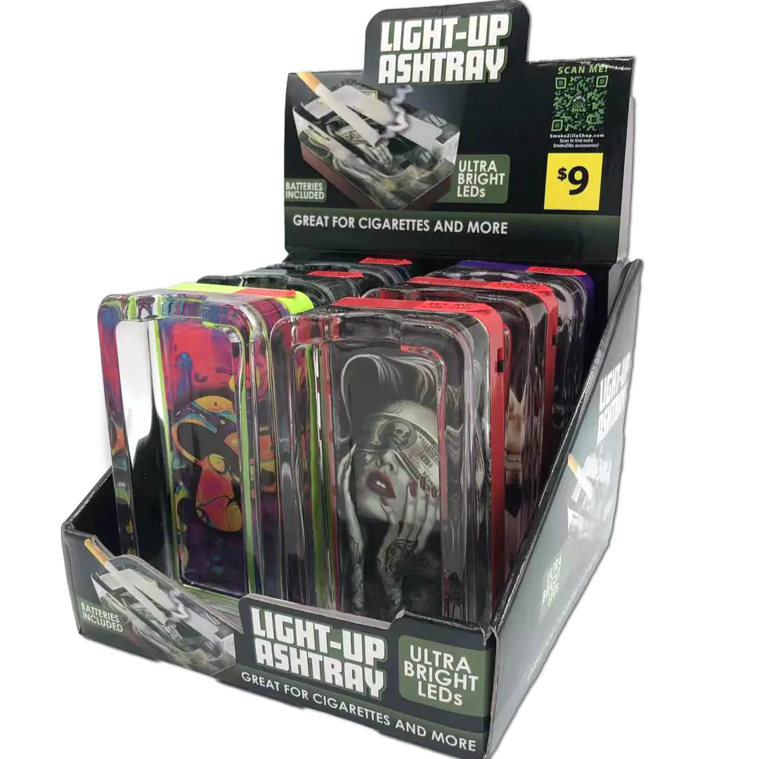 Glass Ashtray with LED Light Up Design - 6 Per Retail Ready Wholesale Display 41473 SMOKEZILLA