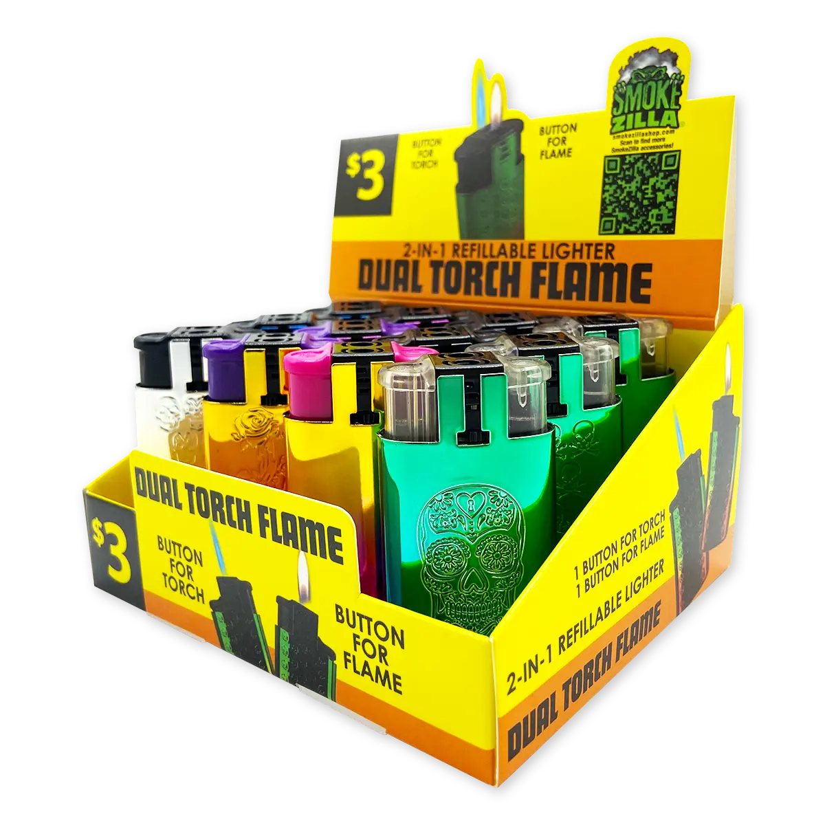 Metallic Dual Flame N Torch Lighter- 12 Pieces Per Retail Ready Display 41588 SMOKEZILLA